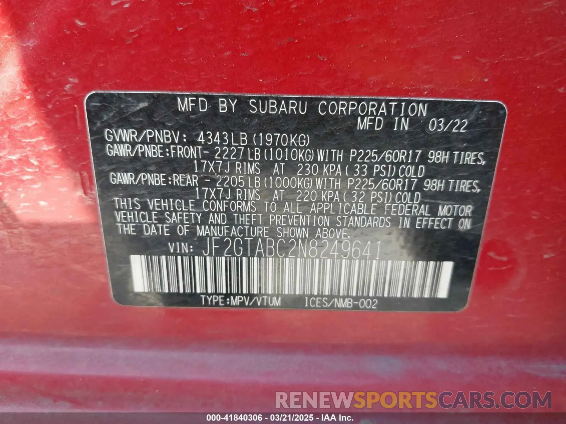 9 Photograph of a damaged car JF2GTABC2N8249641 SUBARU CROSSTREK 2022
