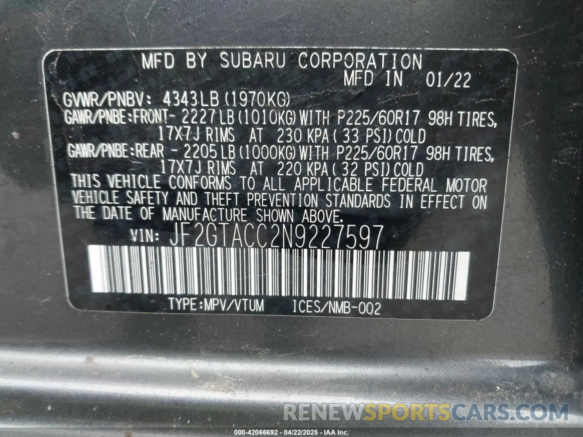 9 Photograph of a damaged car JF2GTACC2N9227597 SUBARU CROSSTREK 2022