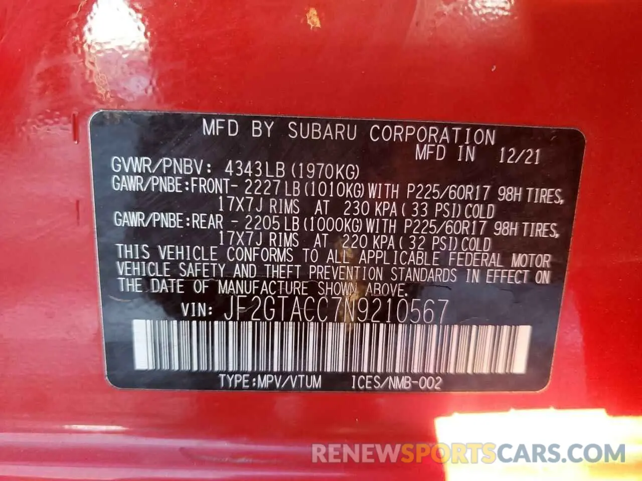 14 Photograph of a damaged car JF2GTACC7N9210567 SUBARU CROSSTREK 2022