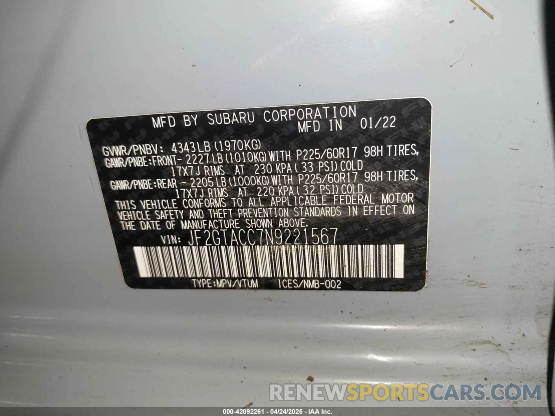 9 Photograph of a damaged car JF2GTACC7N9221567 SUBARU CROSSTREK 2022