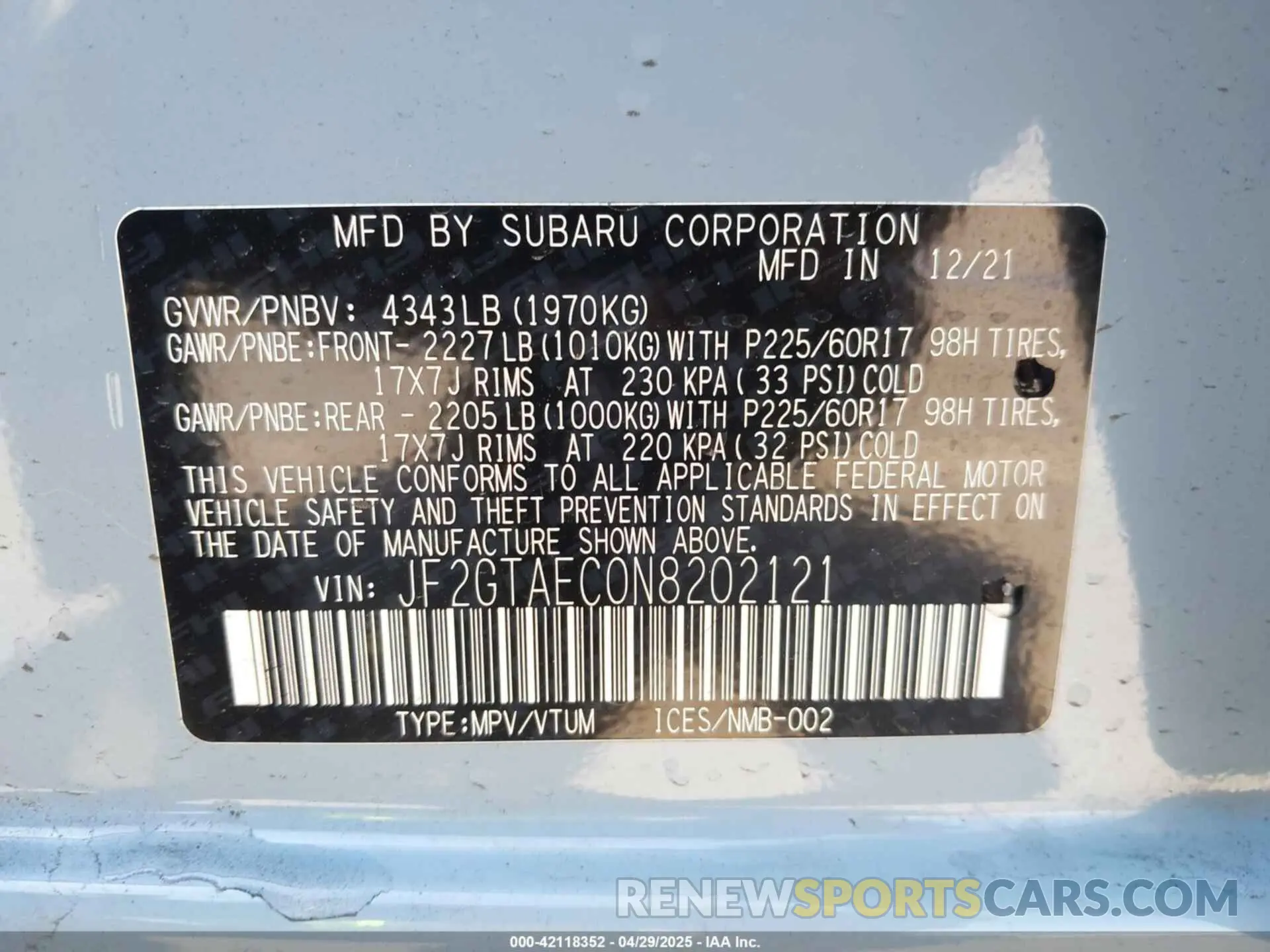 9 Photograph of a damaged car JF2GTAEC0N8202121 SUBARU CROSSTREK 2022