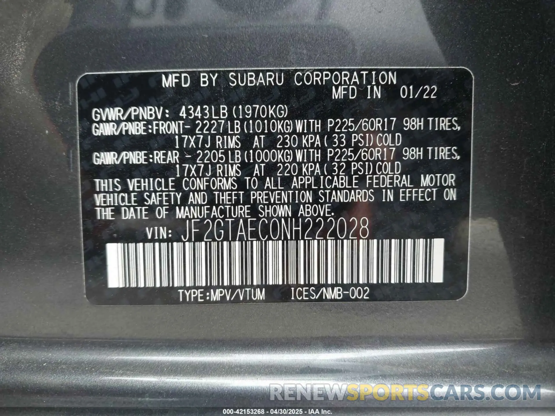 9 Photograph of a damaged car JF2GTAEC0NH222028 SUBARU CROSSTREK 2022