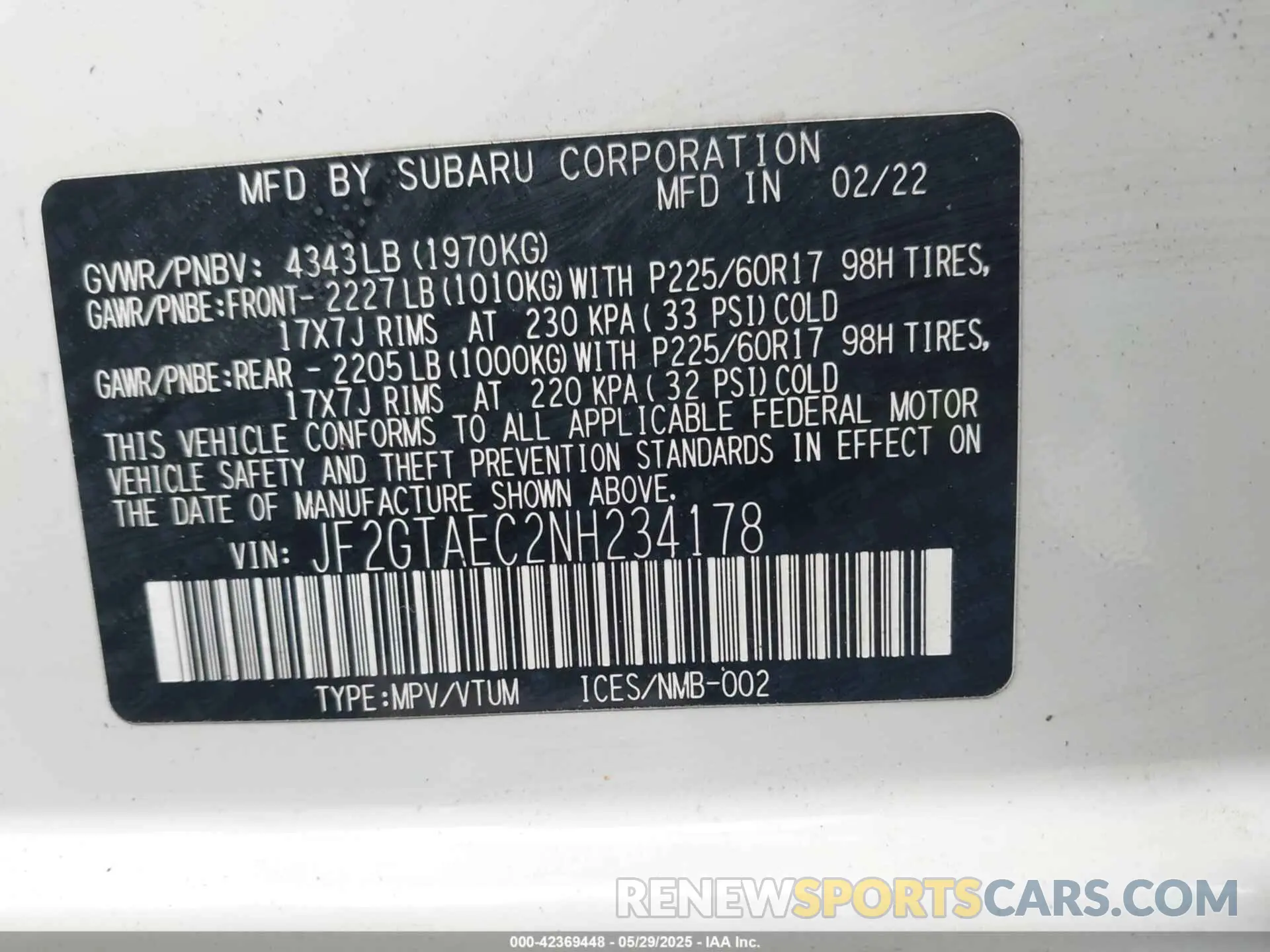 9 Photograph of a damaged car JF2GTAEC2NH234178 SUBARU CROSSTREK 2022