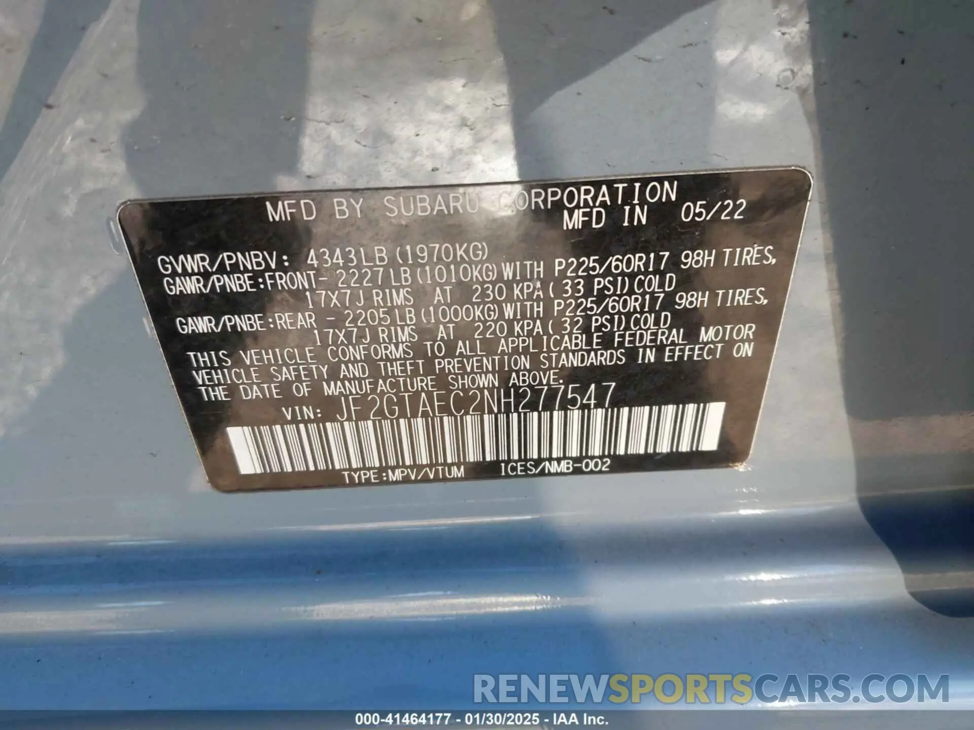 9 Photograph of a damaged car JF2GTAEC2NH277547 SUBARU CROSSTREK 2022