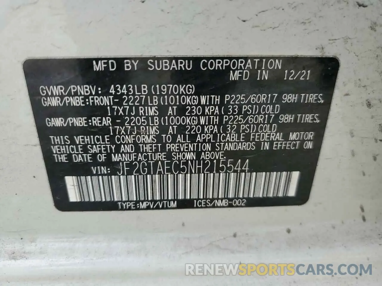 13 Photograph of a damaged car JF2GTAEC5NH215544 SUBARU CROSSTREK 2022