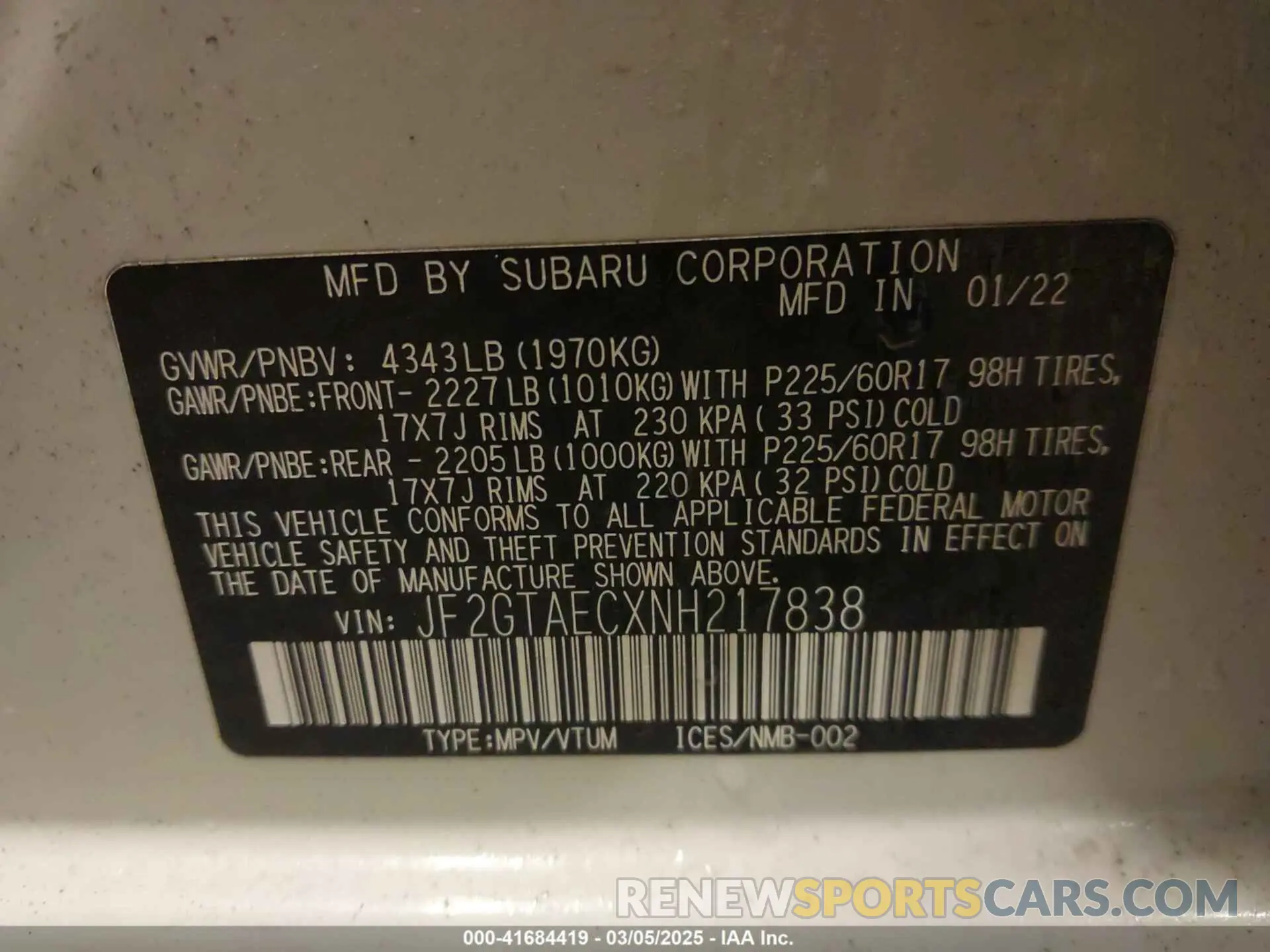9 Photograph of a damaged car JF2GTAECXNH217838 SUBARU CROSSTREK 2022