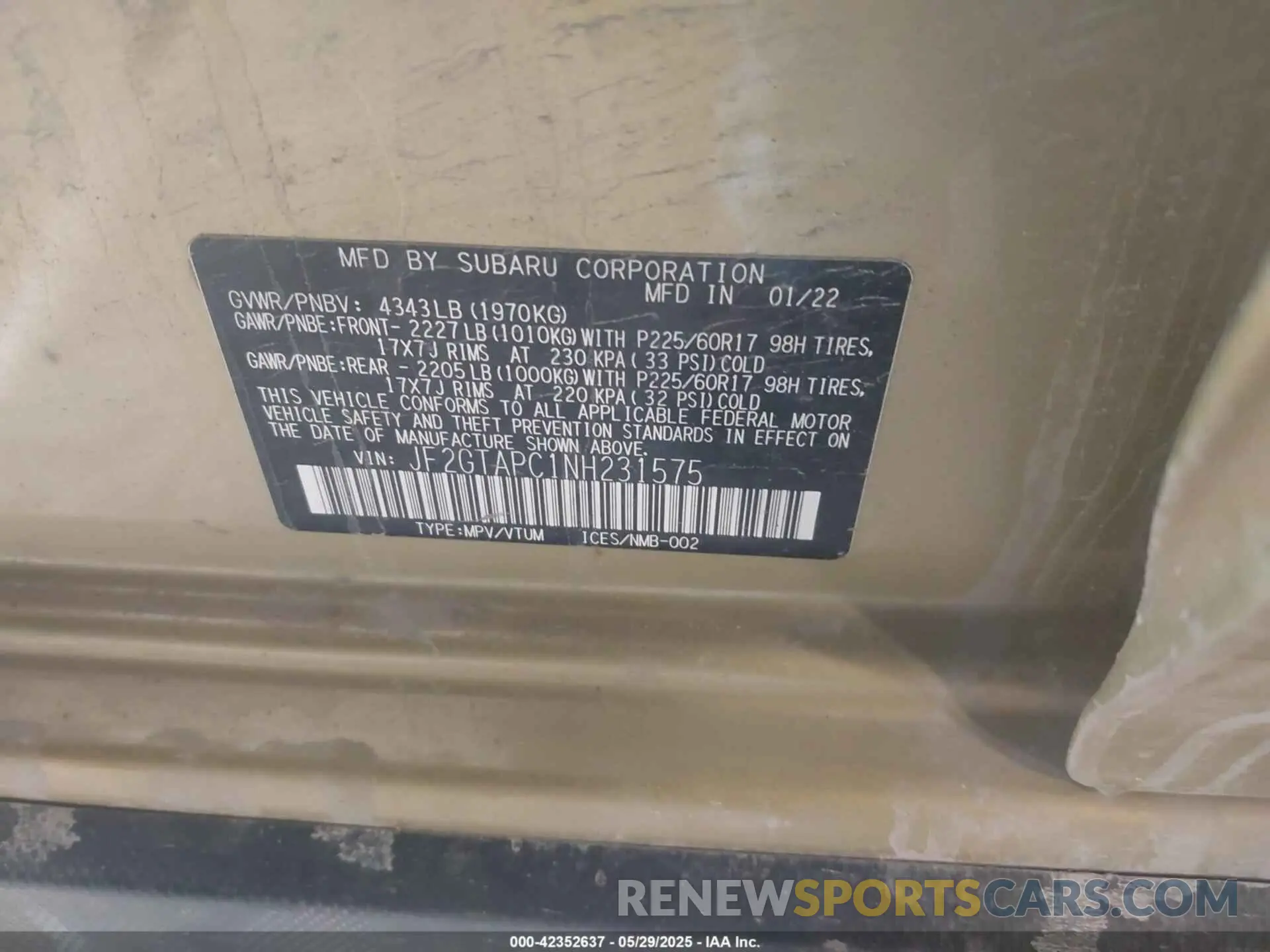 9 Photograph of a damaged car JF2GTAPC1NH231575 SUBARU CROSSTREK 2022