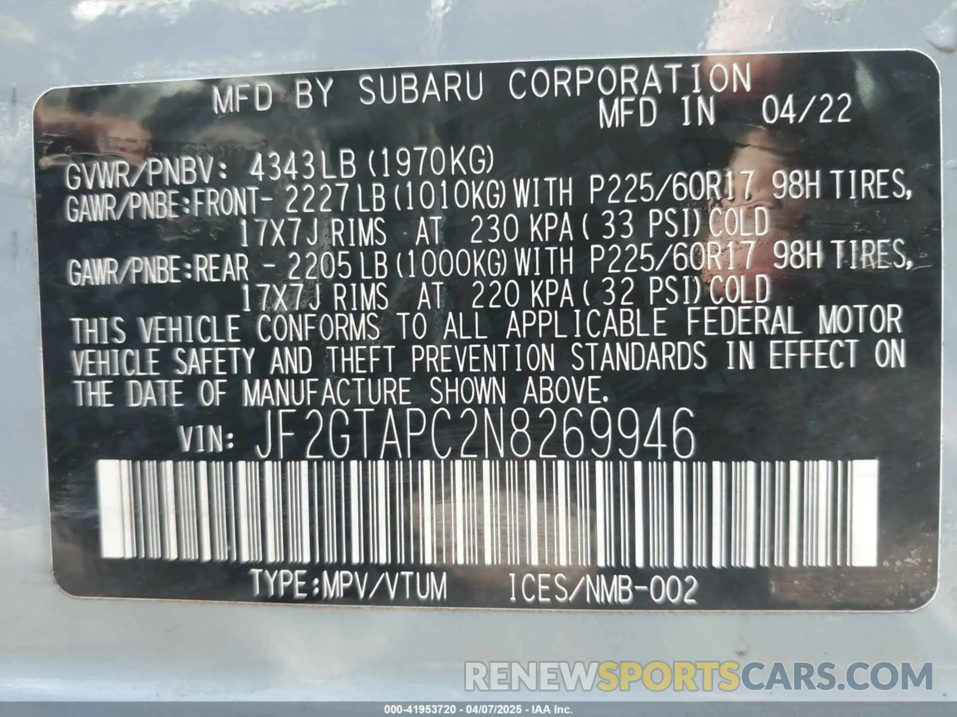 9 Photograph of a damaged car JF2GTAPC2N8269946 SUBARU CROSSTREK 2022