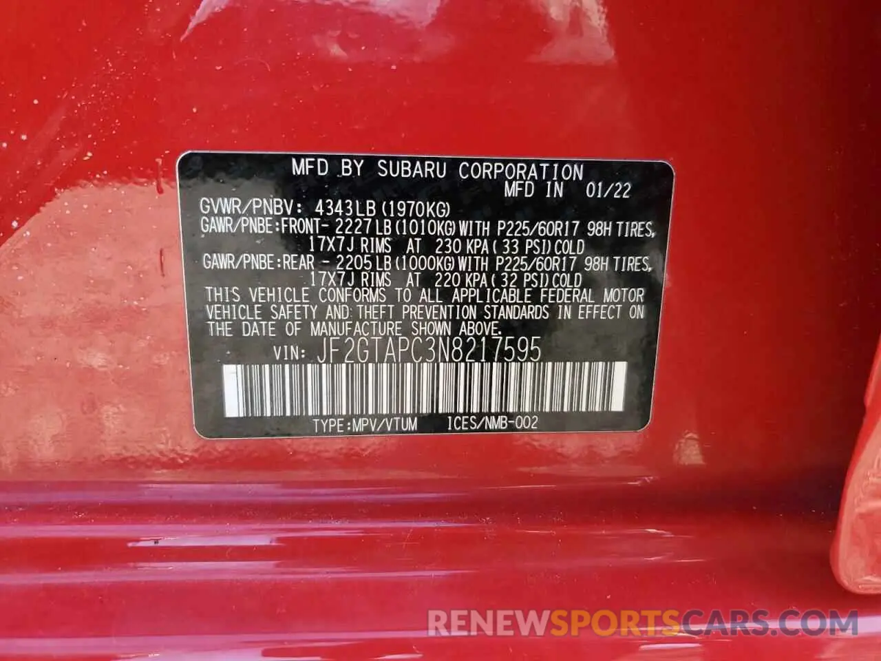 14 Photograph of a damaged car JF2GTAPC3N8217595 SUBARU CROSSTREK 2022