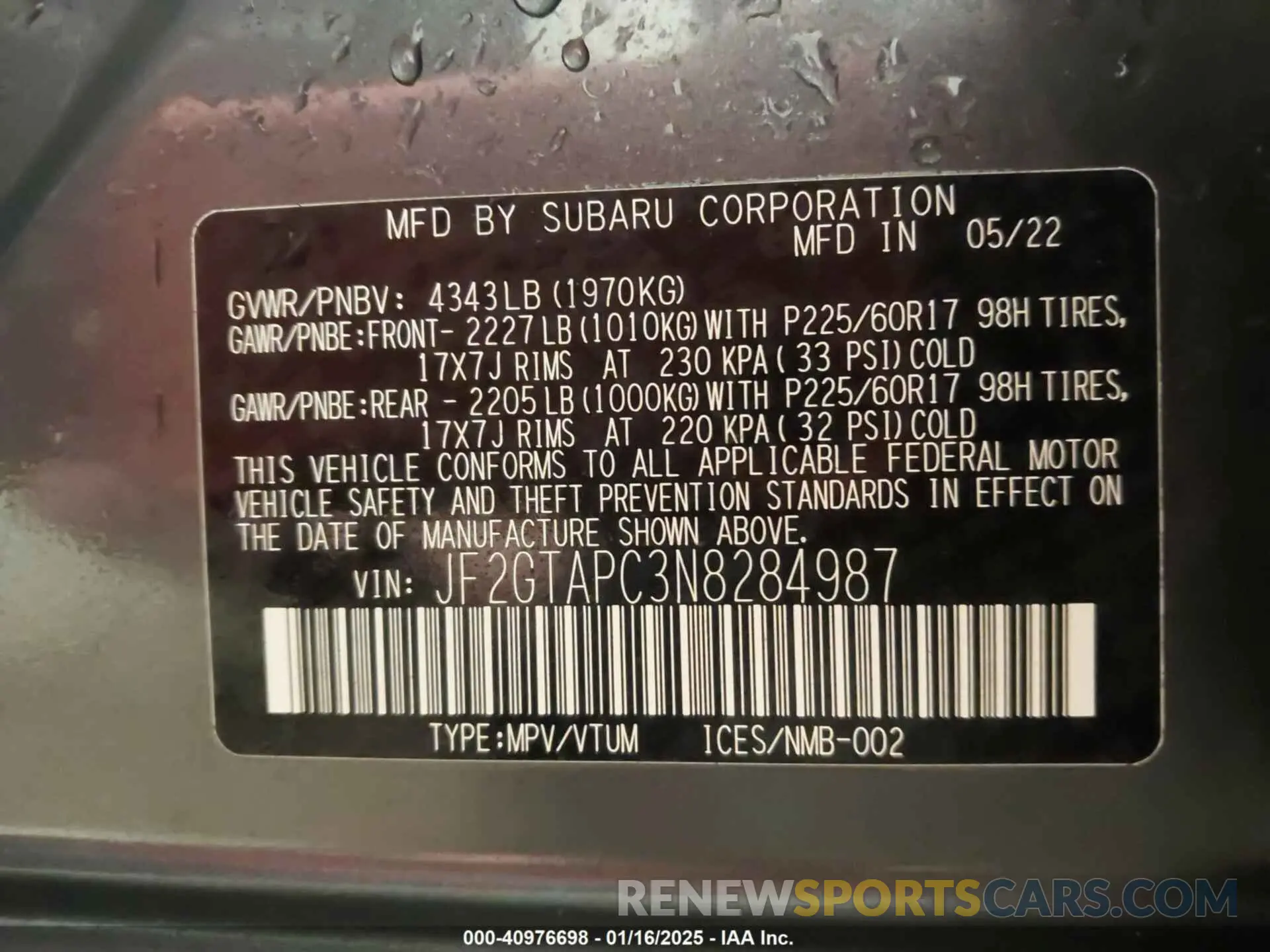9 Photograph of a damaged car JF2GTAPC3N8284987 SUBARU CROSSTREK 2022