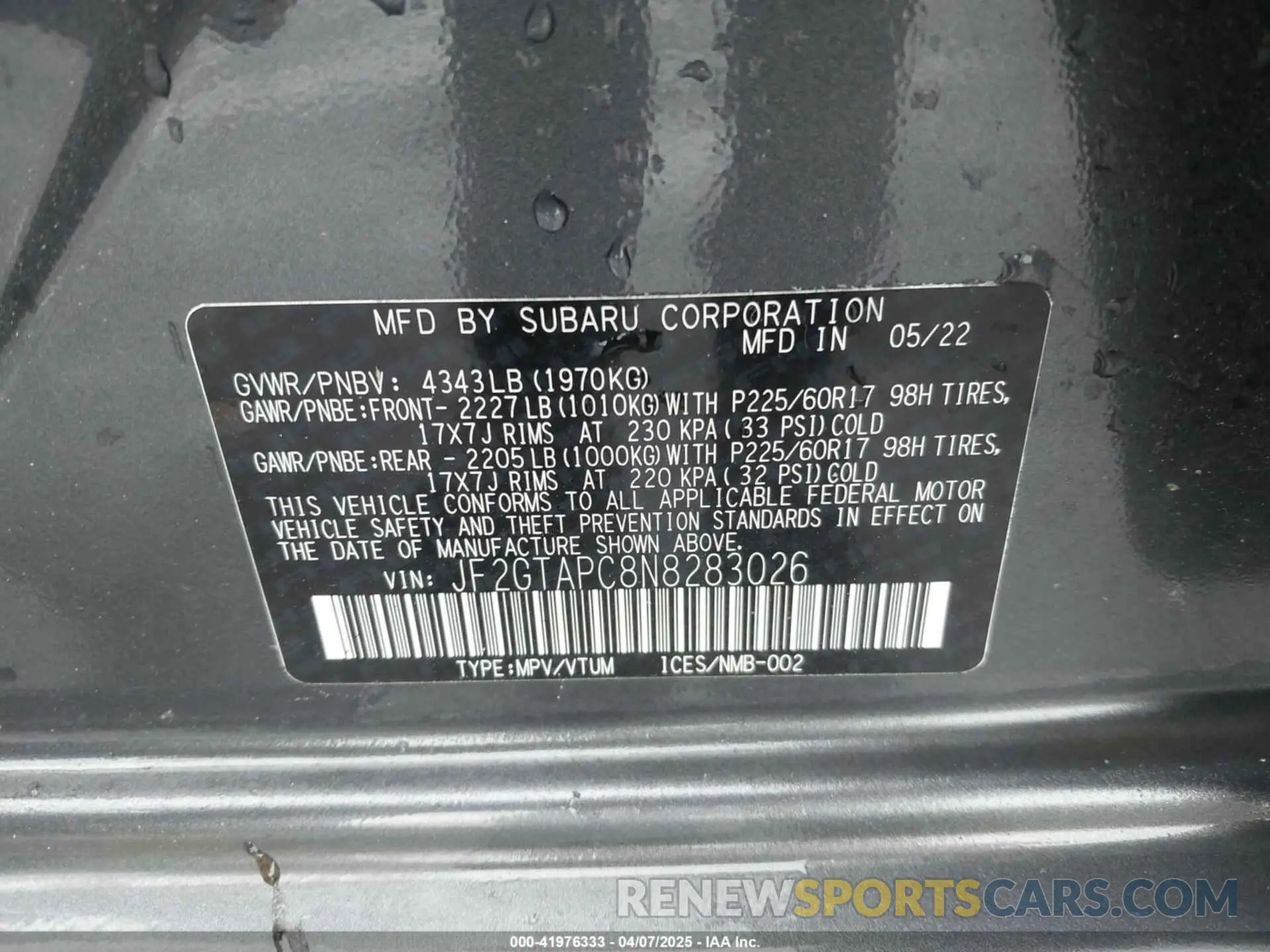9 Photograph of a damaged car JF2GTAPC8N8283026 SUBARU CROSSTREK 2022