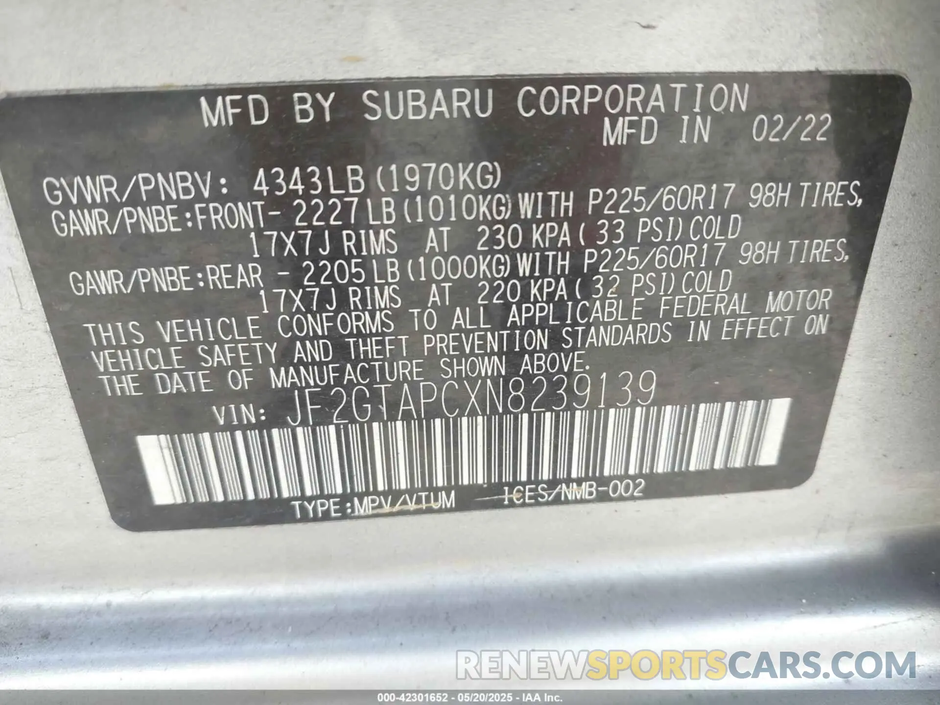 9 Photograph of a damaged car JF2GTAPCXN8239139 SUBARU CROSSTREK 2022
