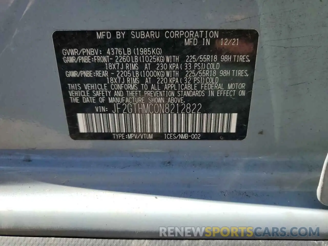 12 Photograph of a damaged car JF2GTHMC0N8212822 SUBARU CROSSTREK 2022