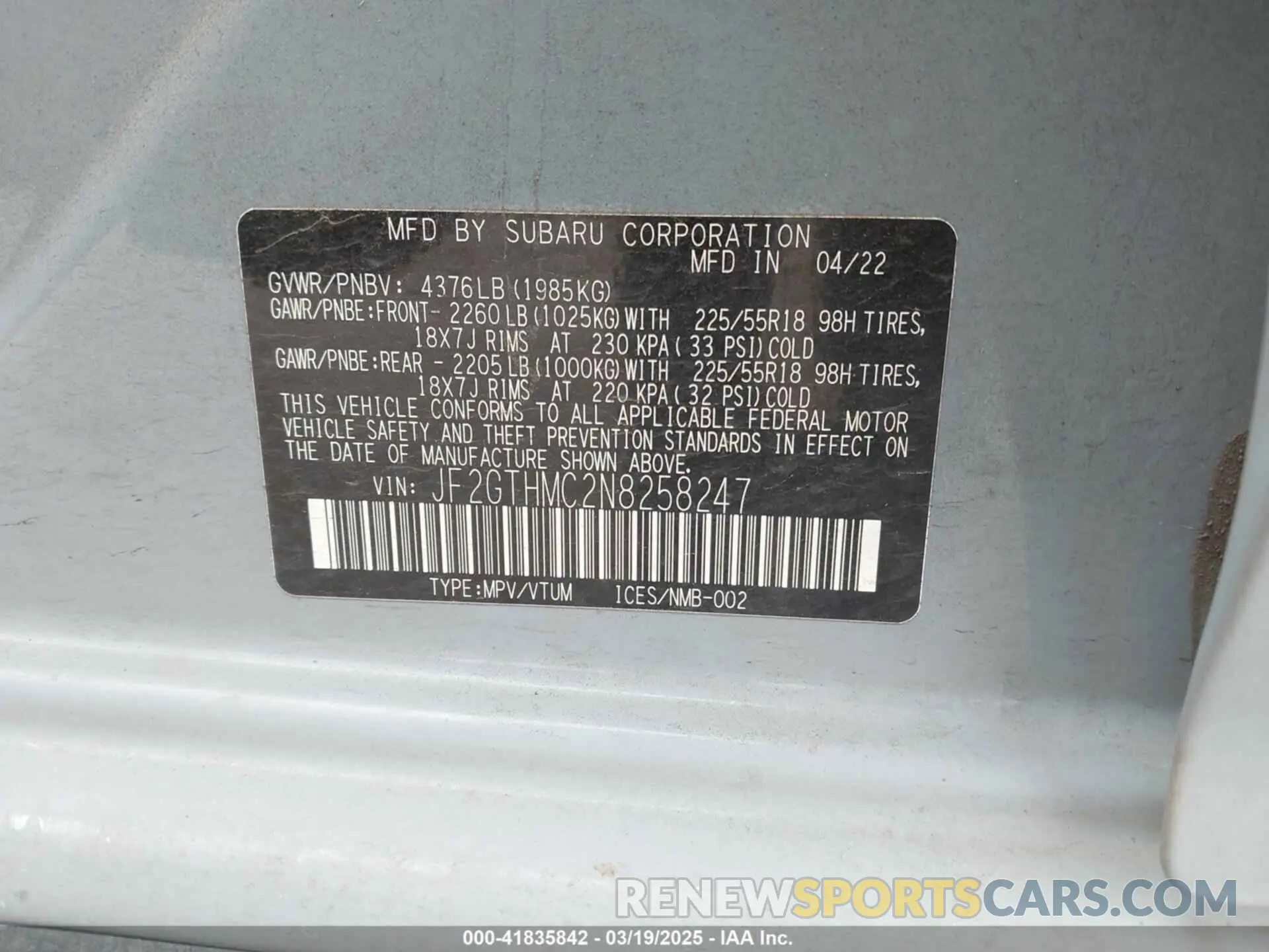 9 Photograph of a damaged car JF2GTHMC2N8258247 SUBARU CROSSTREK 2022