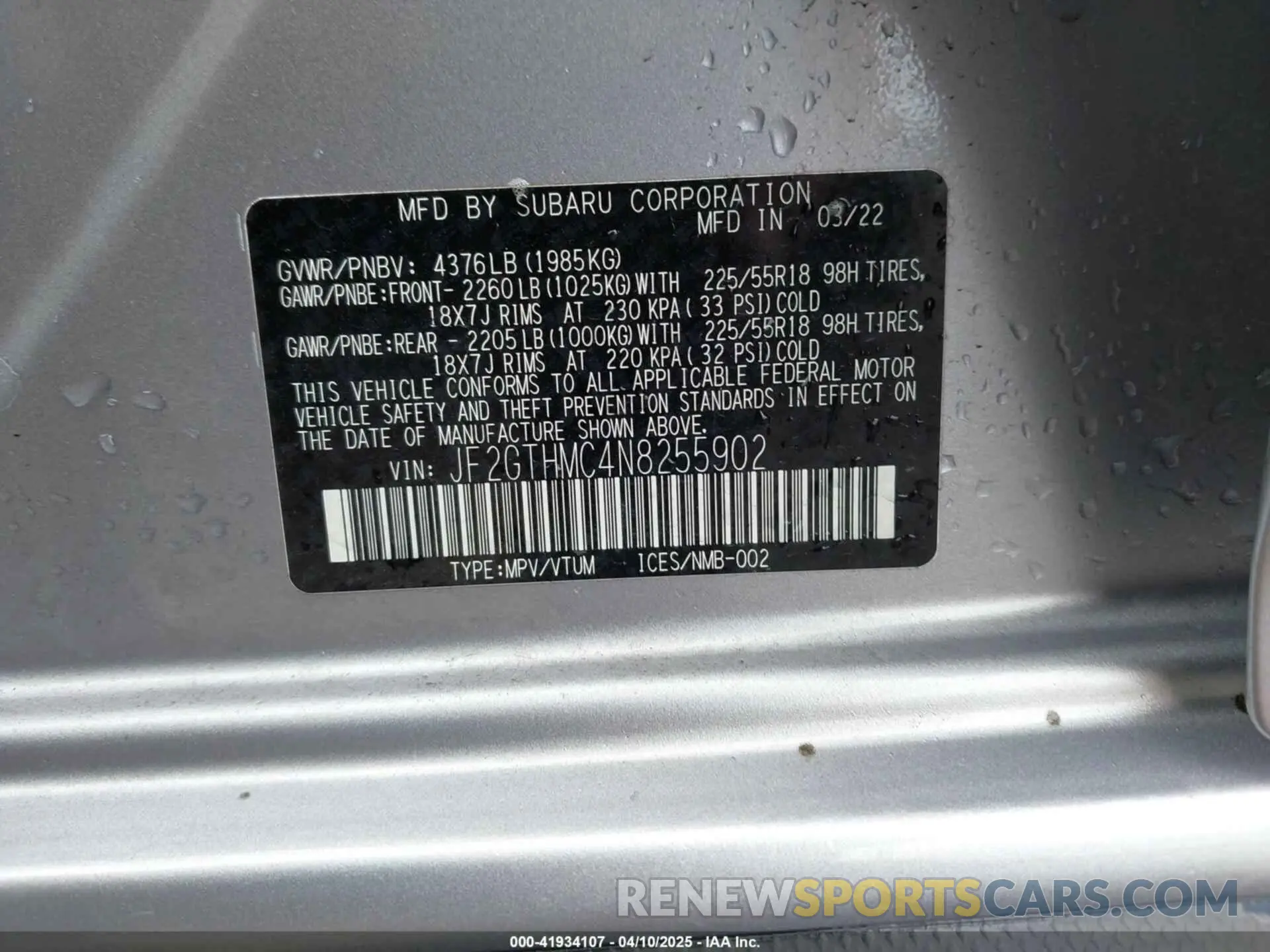 9 Photograph of a damaged car JF2GTHMC4N8255902 SUBARU CROSSTREK 2022