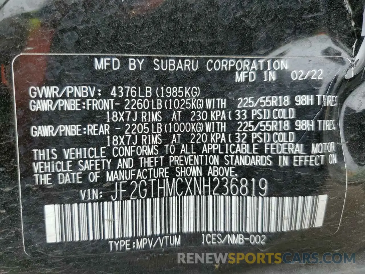 12 Photograph of a damaged car JF2GTHMCXNH236819 SUBARU CROSSTREK 2022