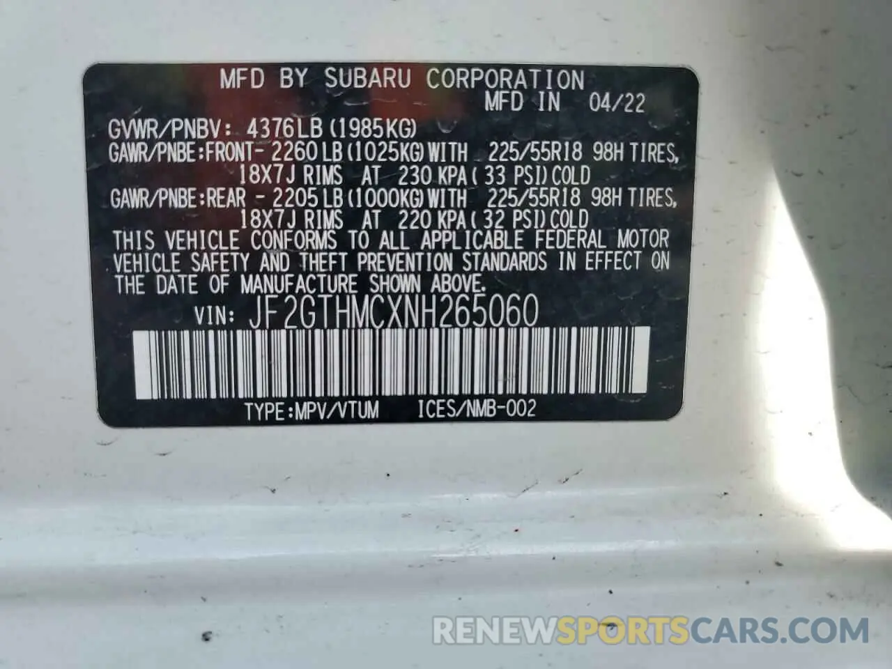12 Photograph of a damaged car JF2GTHMCXNH265060 SUBARU CROSSTREK 2022