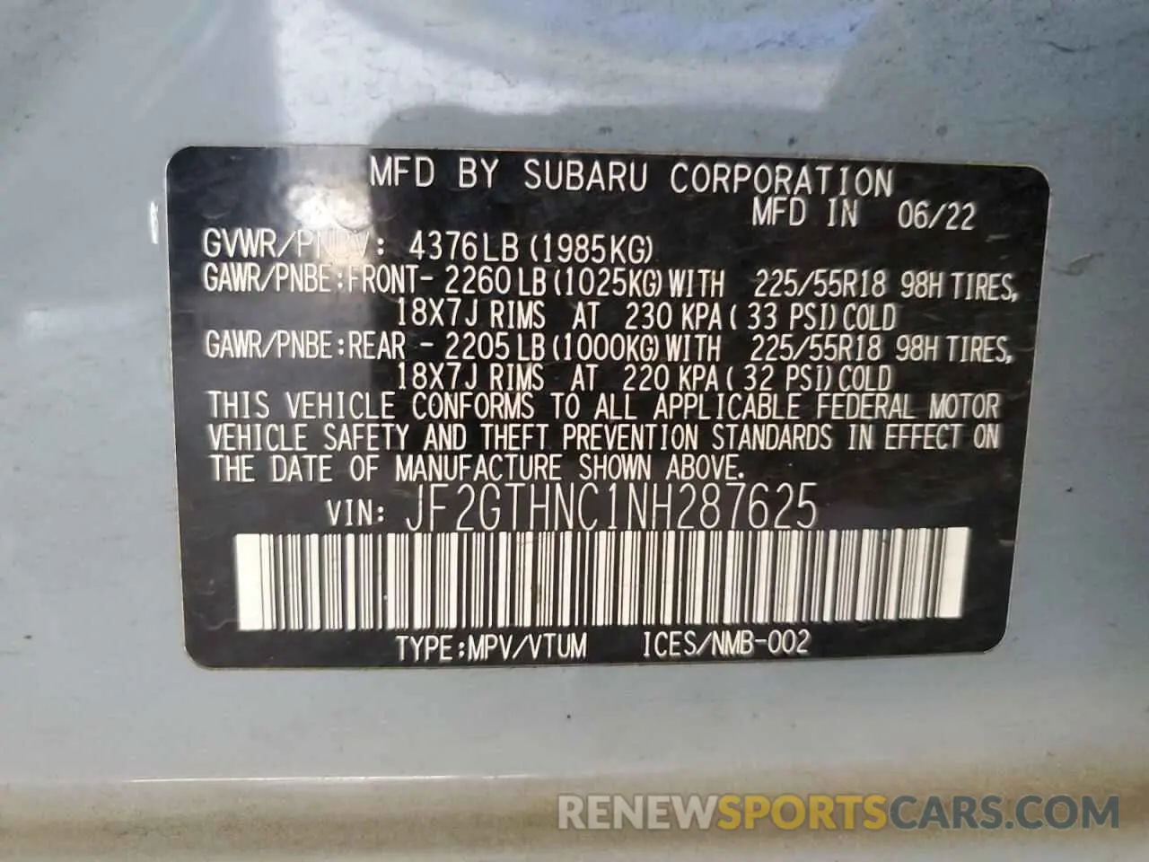 12 Photograph of a damaged car JF2GTHNC1NH287625 SUBARU CROSSTREK 2022