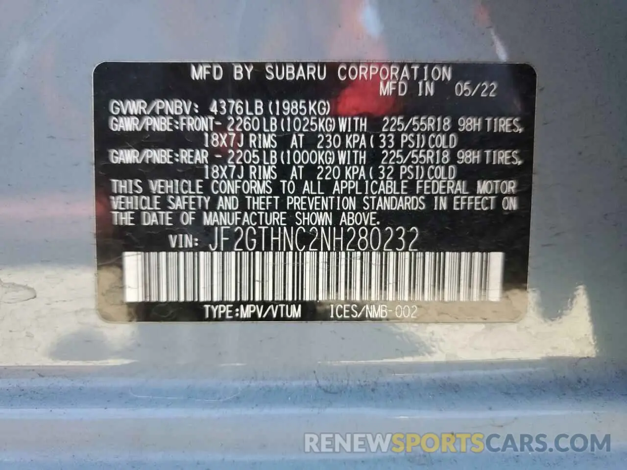 12 Photograph of a damaged car JF2GTHNC2NH280232 SUBARU CROSSTREK 2022