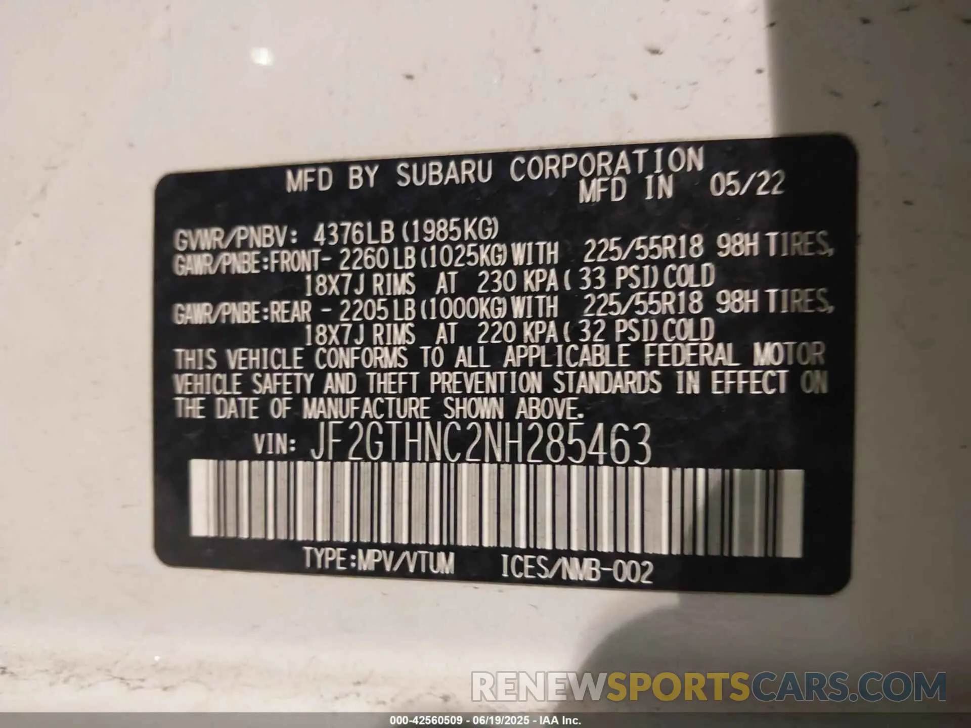 9 Photograph of a damaged car JF2GTHNC2NH285463 SUBARU CROSSTREK 2022