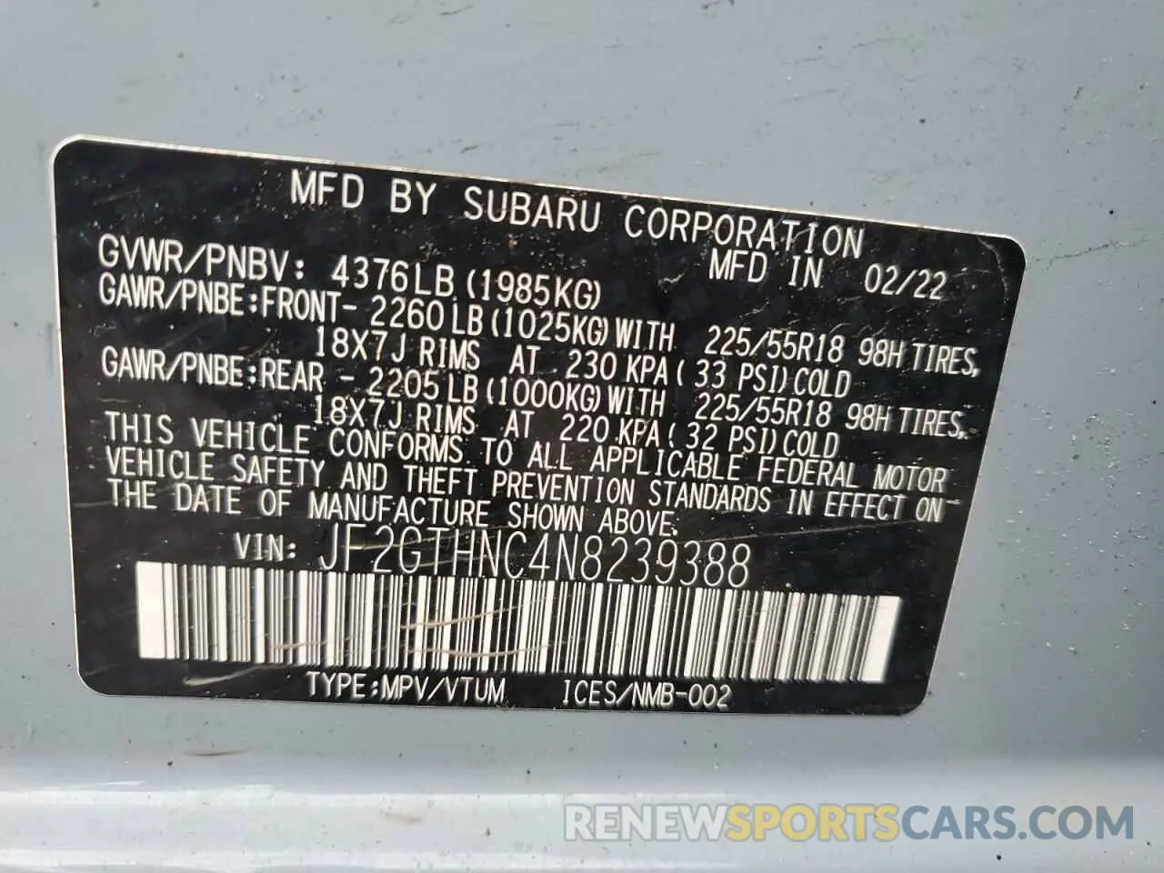 14 Photograph of a damaged car JF2GTHNC4N8239388 SUBARU CROSSTREK 2022