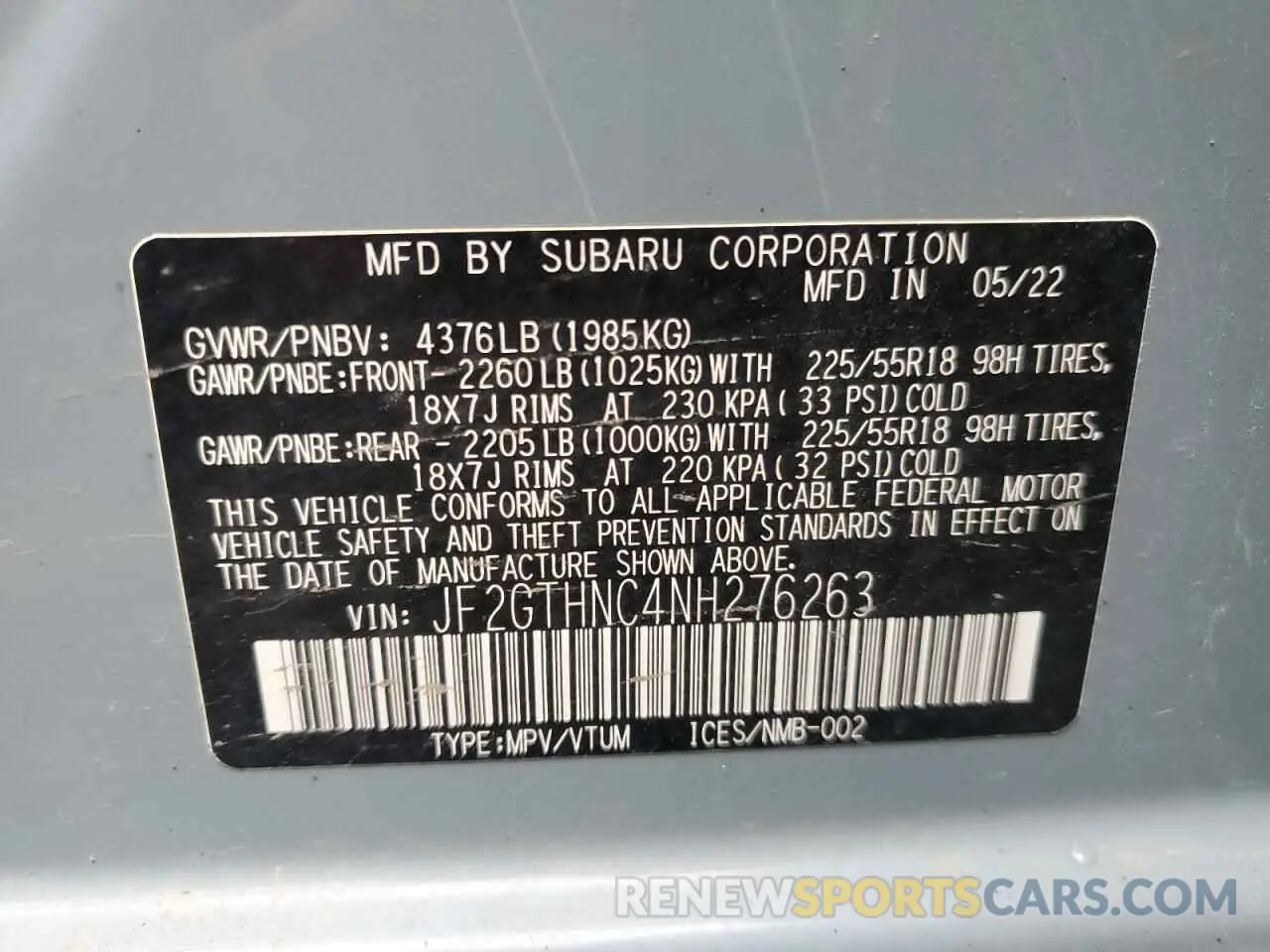 14 Photograph of a damaged car JF2GTHNC4NH276263 SUBARU CROSSTREK 2022
