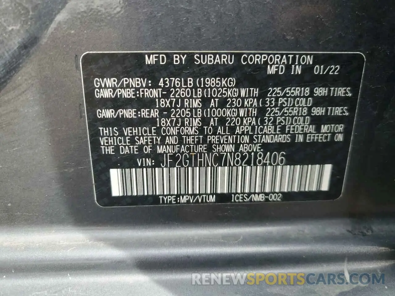 12 Photograph of a damaged car JF2GTHNC7N8218406 SUBARU CROSSTREK 2022