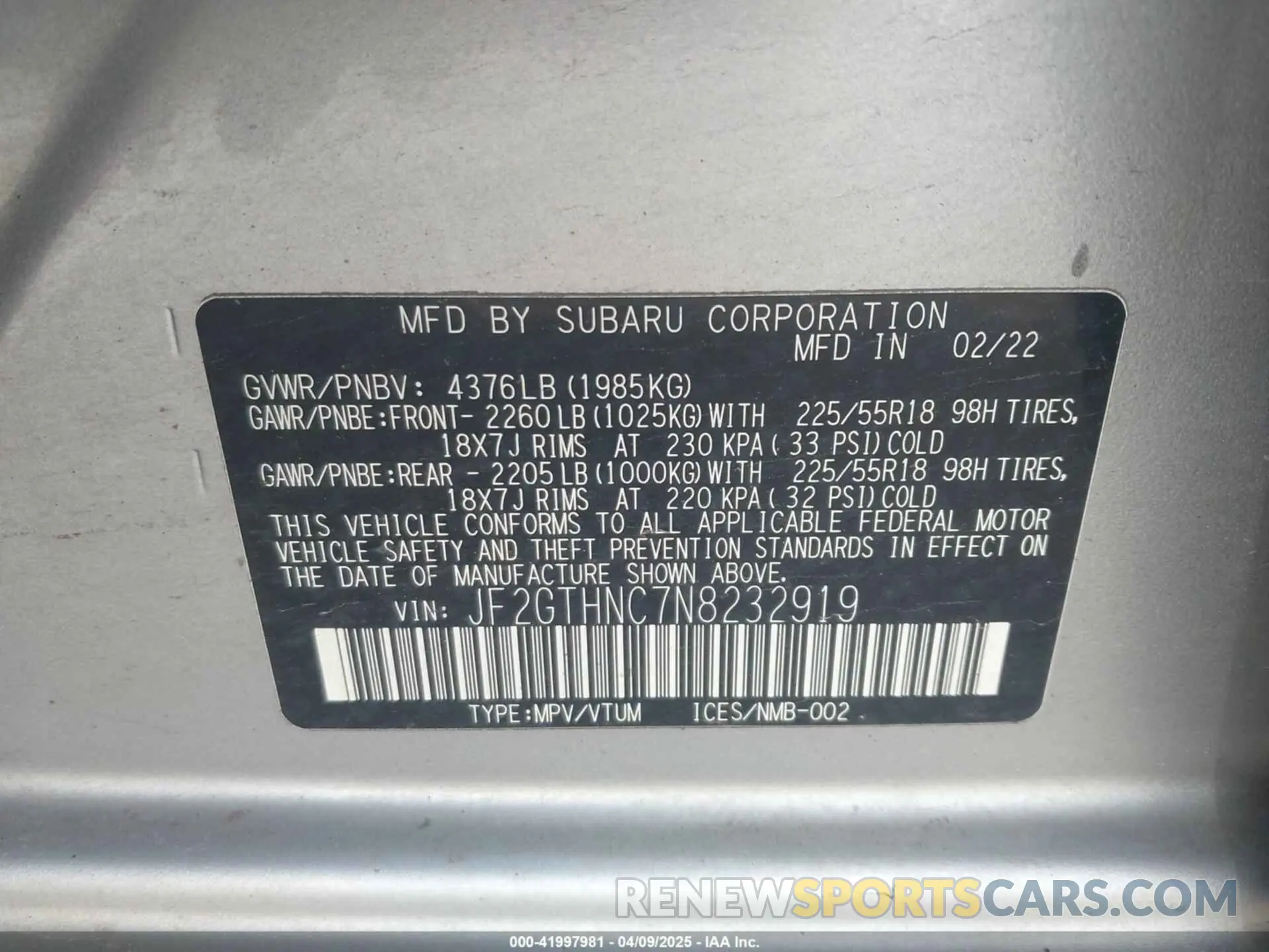 9 Photograph of a damaged car JF2GTHNC7N8232919 SUBARU CROSSTREK 2022