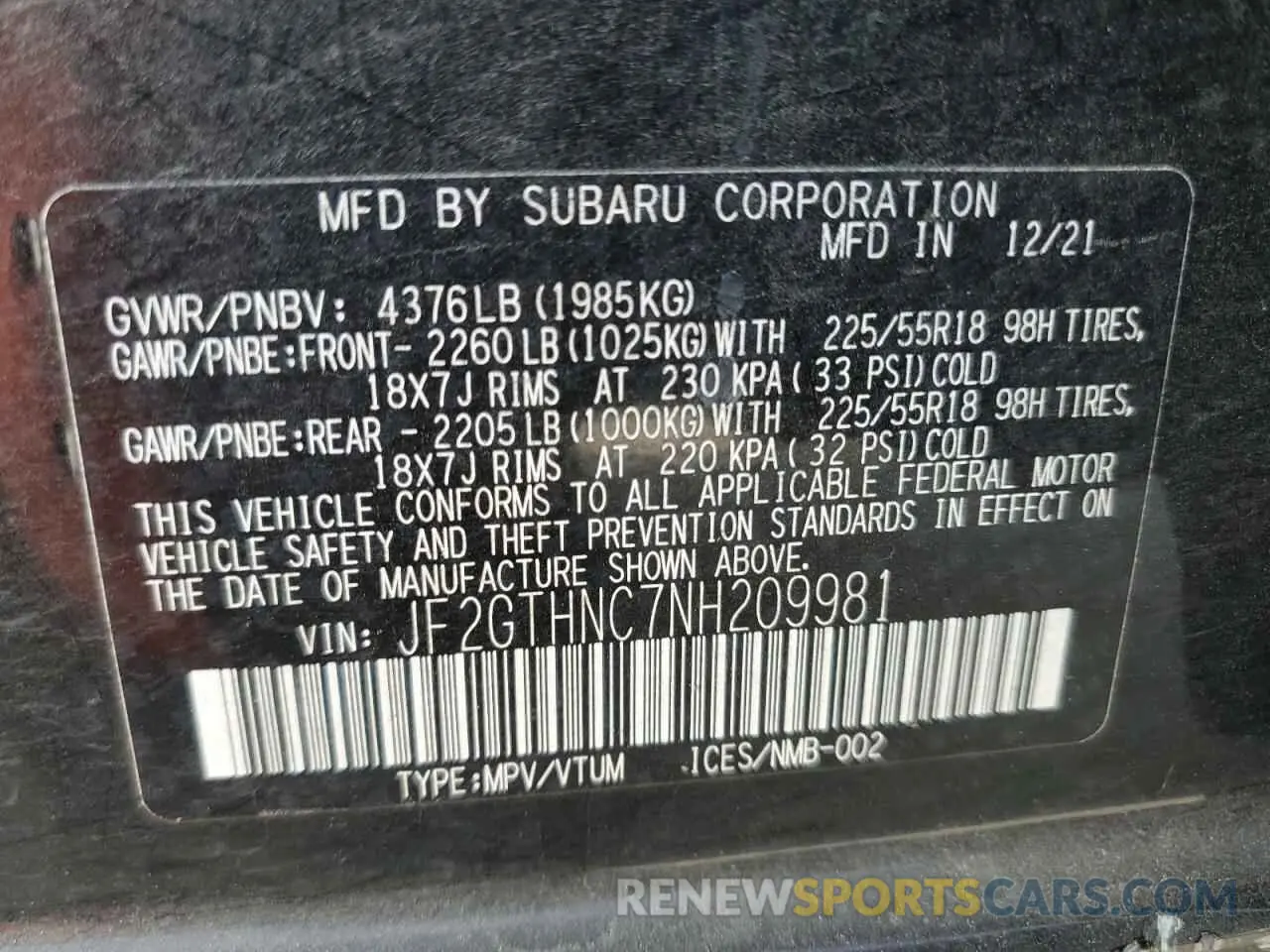 13 Photograph of a damaged car JF2GTHNC7NH209981 SUBARU CROSSTREK 2022