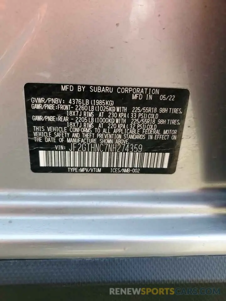 13 Photograph of a damaged car JF2GTHNC7NH274359 SUBARU CROSSTREK 2022