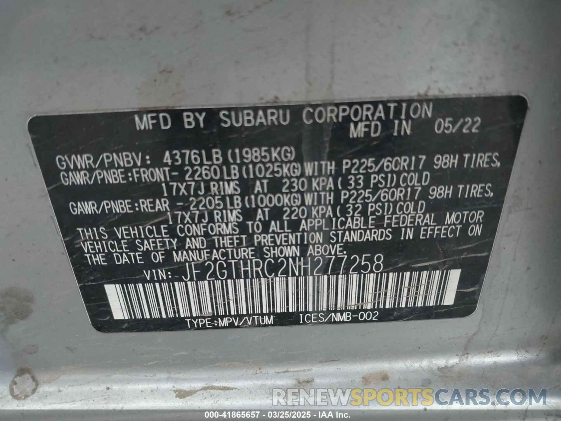 9 Photograph of a damaged car JF2GTHRC2NH277258 SUBARU CROSSTREK 2022