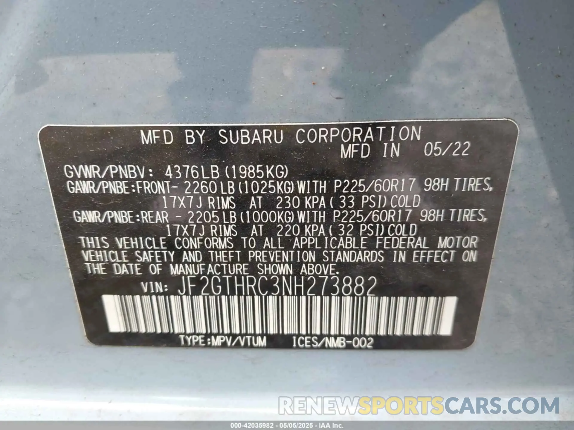 9 Photograph of a damaged car JF2GTHRC3NH273882 SUBARU CROSSTREK 2022