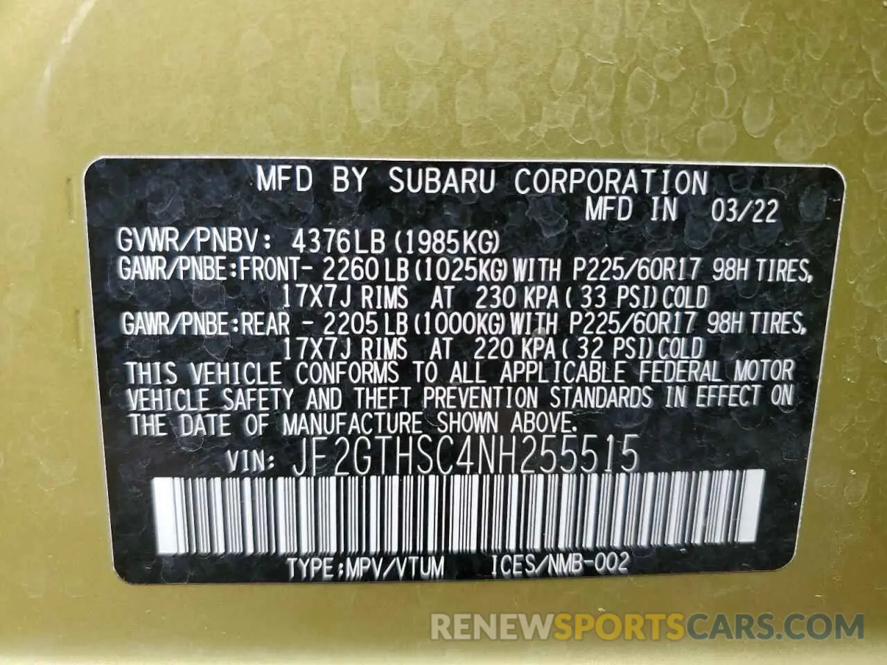 15 Photograph of a damaged car JF2GTHSC4NH255515 SUBARU CROSSTREK 2022