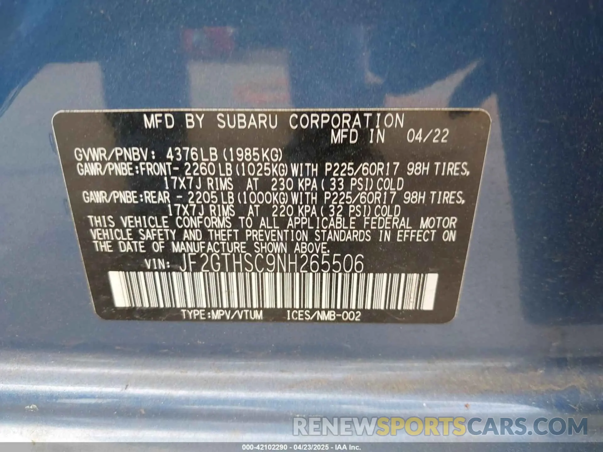 9 Photograph of a damaged car JF2GTHSC9NH265506 SUBARU CROSSTREK 2022