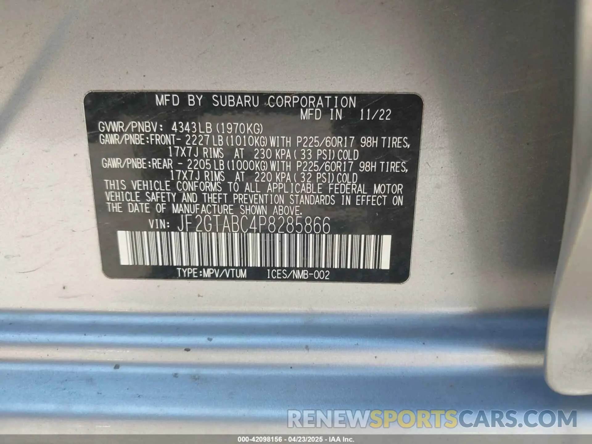 9 Photograph of a damaged car JF2GTABC4P8285866 SUBARU CROSSTREK 2023