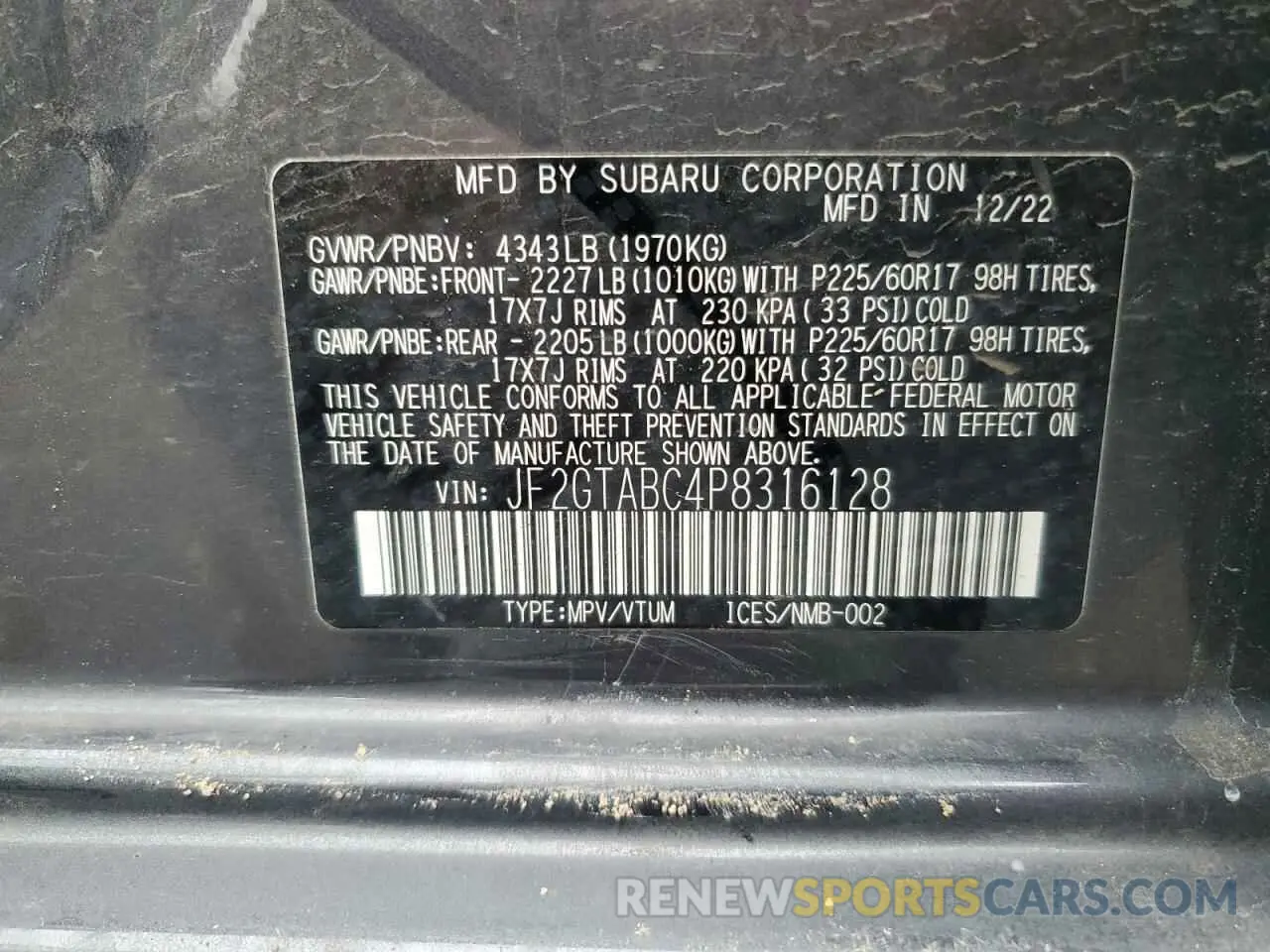 15 Photograph of a damaged car JF2GTABC4P8316128 SUBARU CROSSTREK 2023