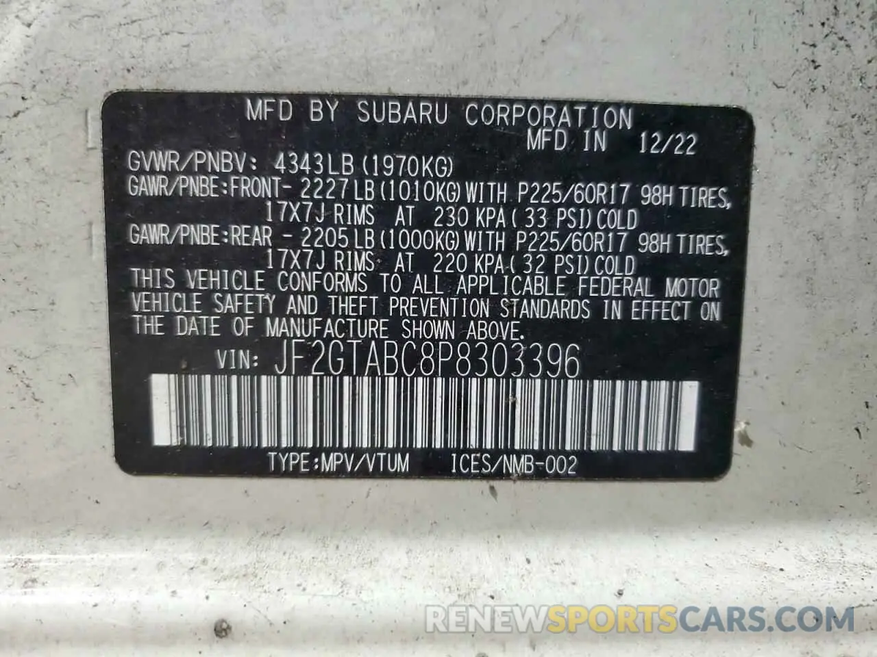 14 Photograph of a damaged car JF2GTABC8P8303396 SUBARU CROSSTREK 2023