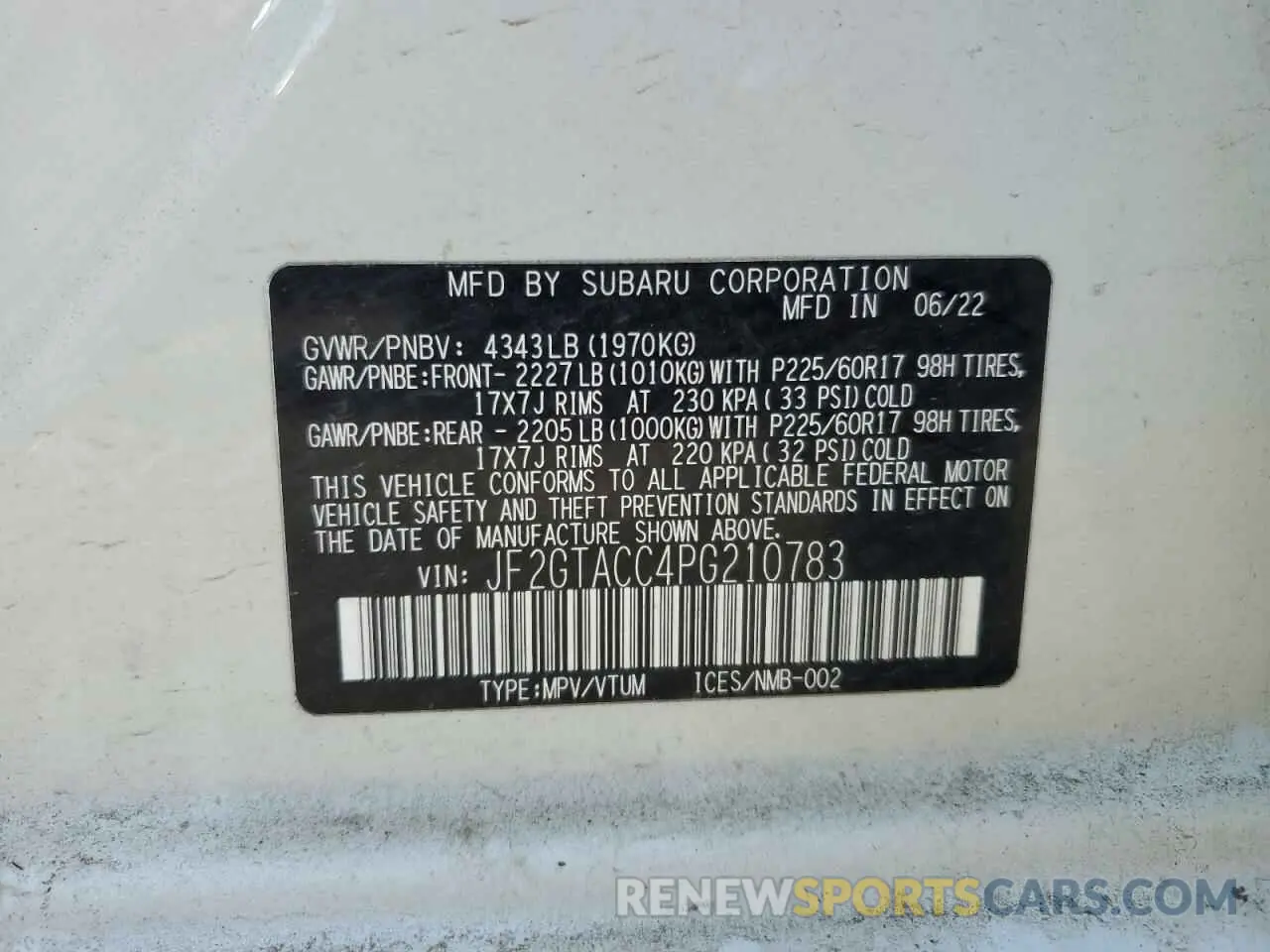 12 Photograph of a damaged car JF2GTACC4PG210783 SUBARU CROSSTREK 2023