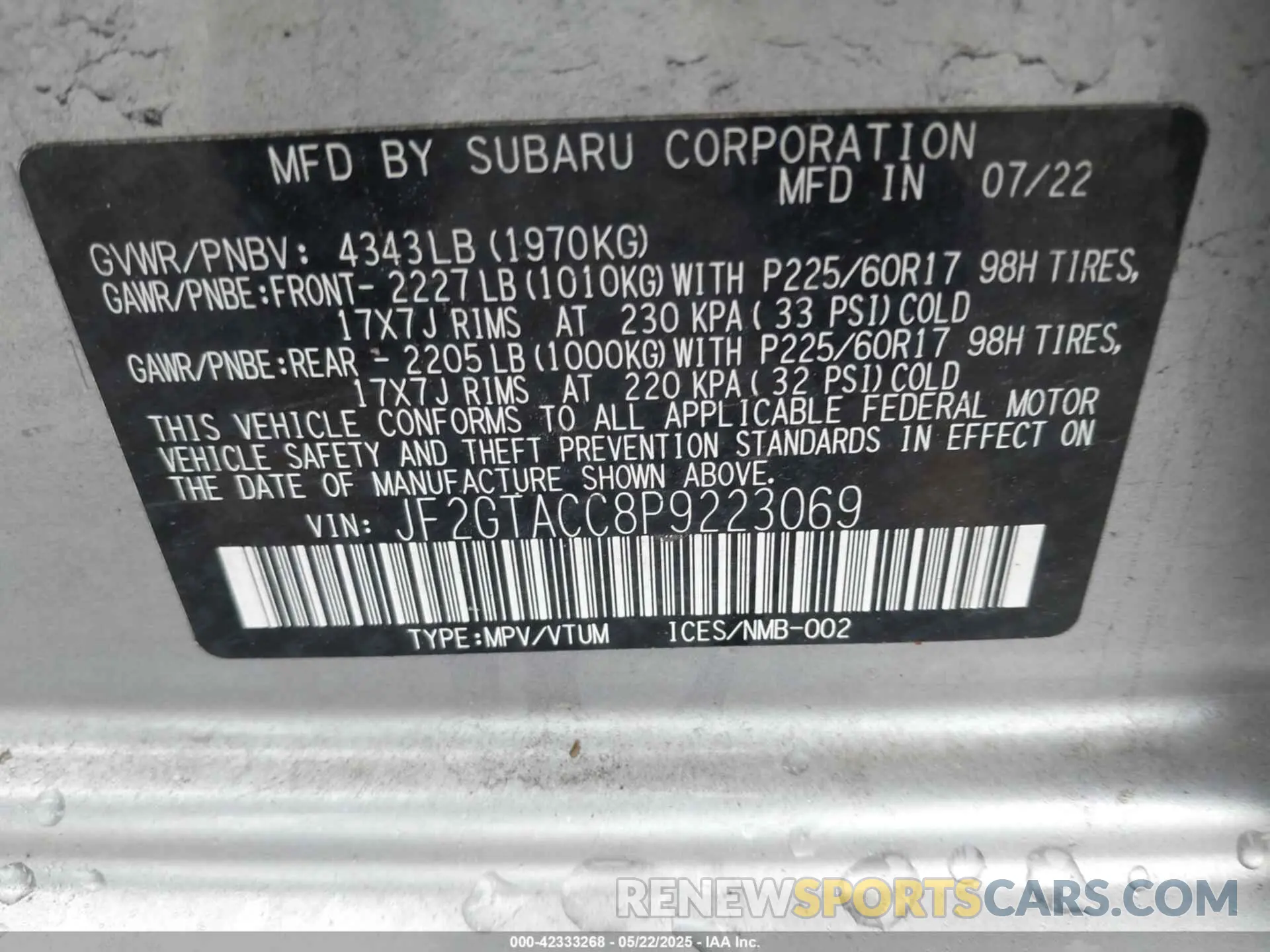 9 Photograph of a damaged car JF2GTACC8P9223069 SUBARU CROSSTREK 2023