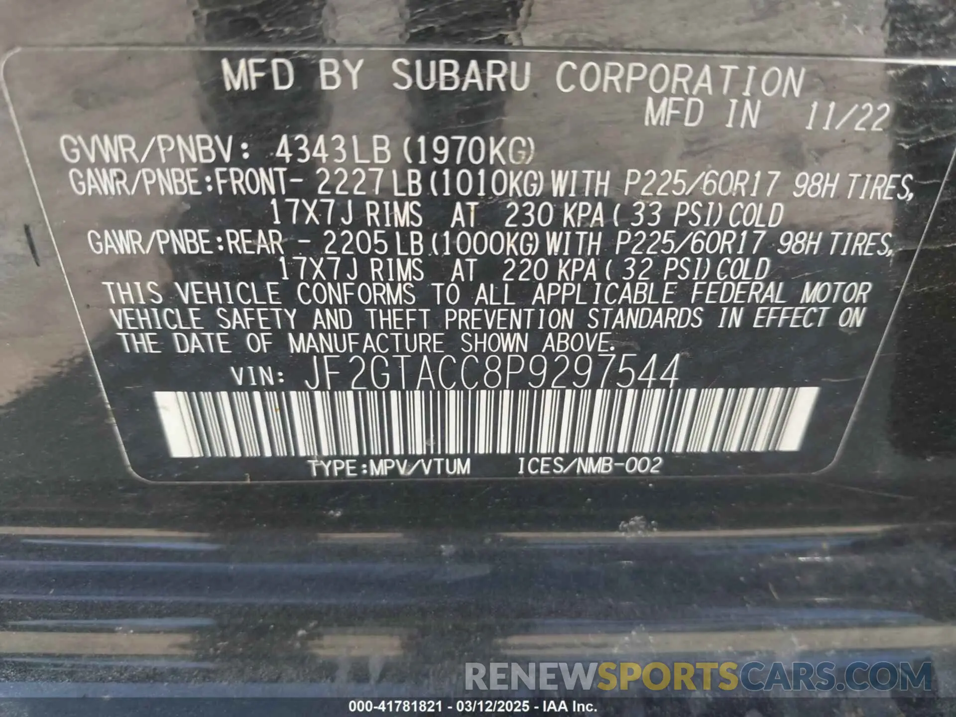 9 Photograph of a damaged car JF2GTACC8P9297544 SUBARU CROSSTREK 2023