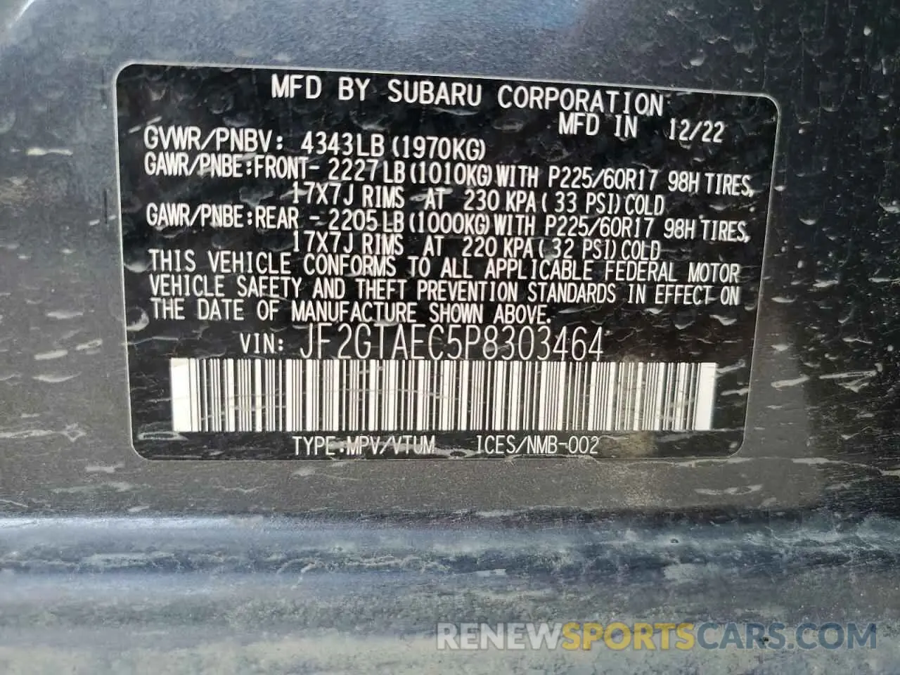 12 Photograph of a damaged car JF2GTAEC5P8303464 SUBARU CROSSTREK 2023