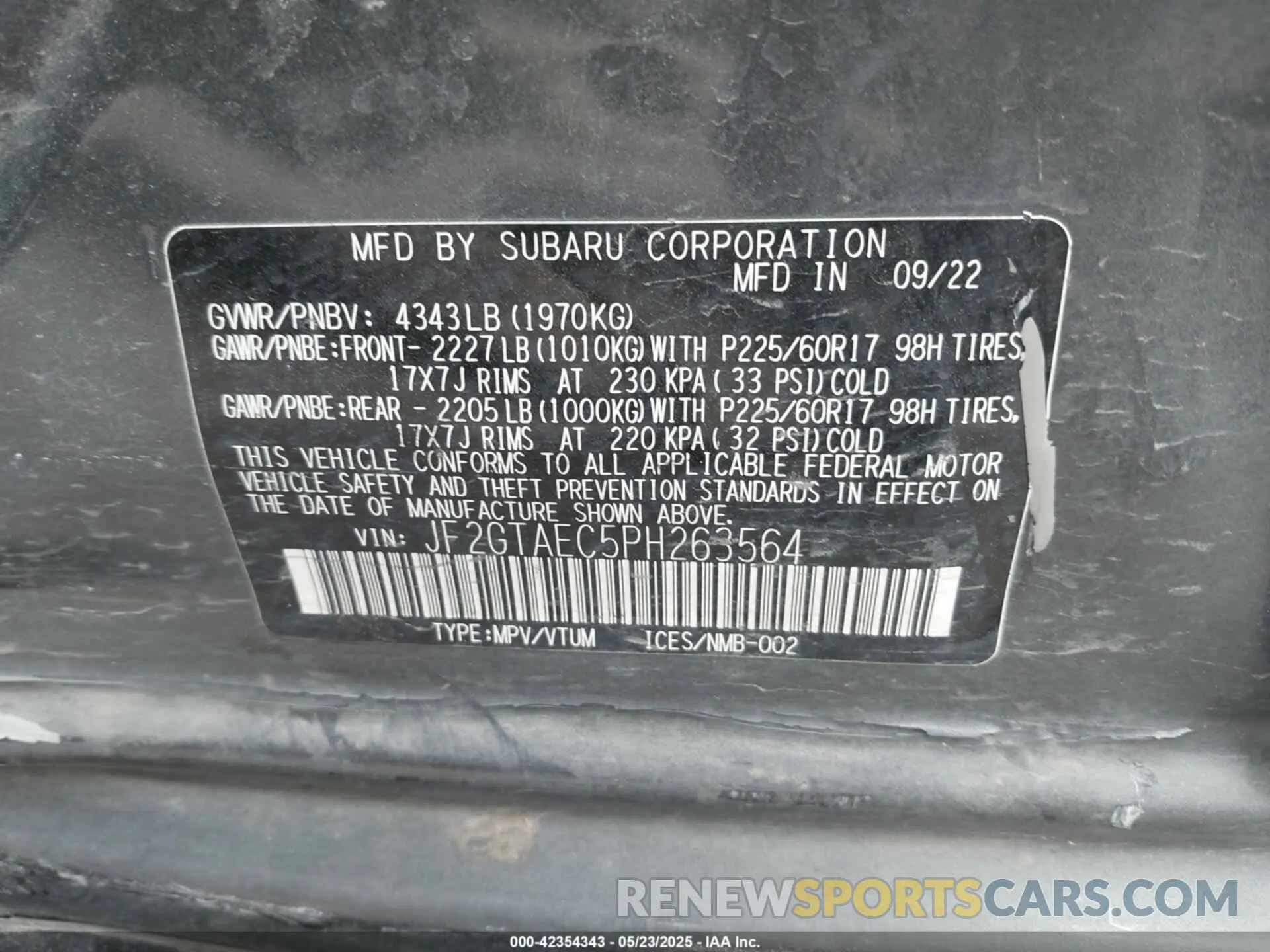 9 Photograph of a damaged car JF2GTAEC5PH263564 SUBARU CROSSTREK 2023