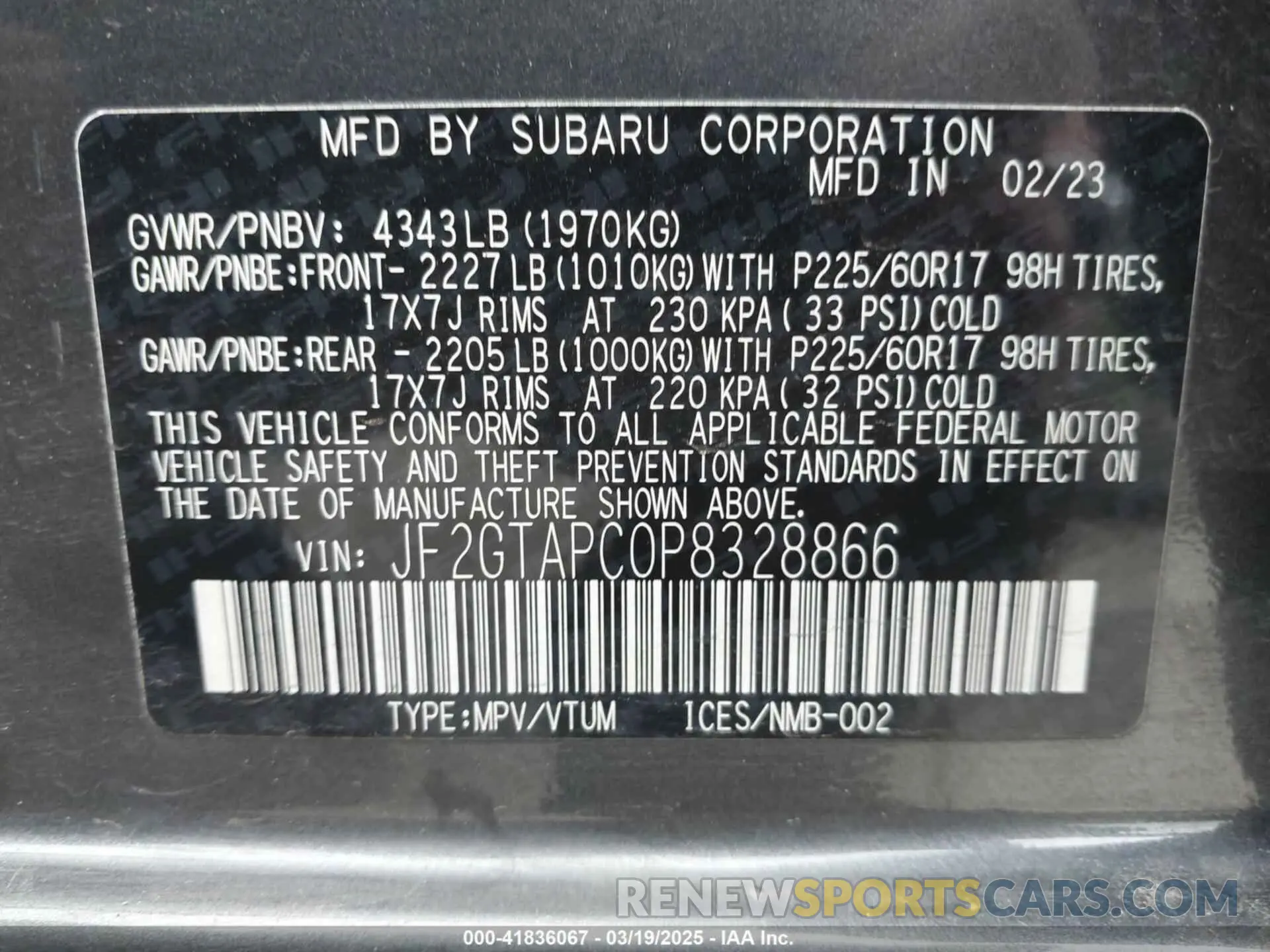 9 Photograph of a damaged car JF2GTAPC0P8328866 SUBARU CROSSTREK 2023