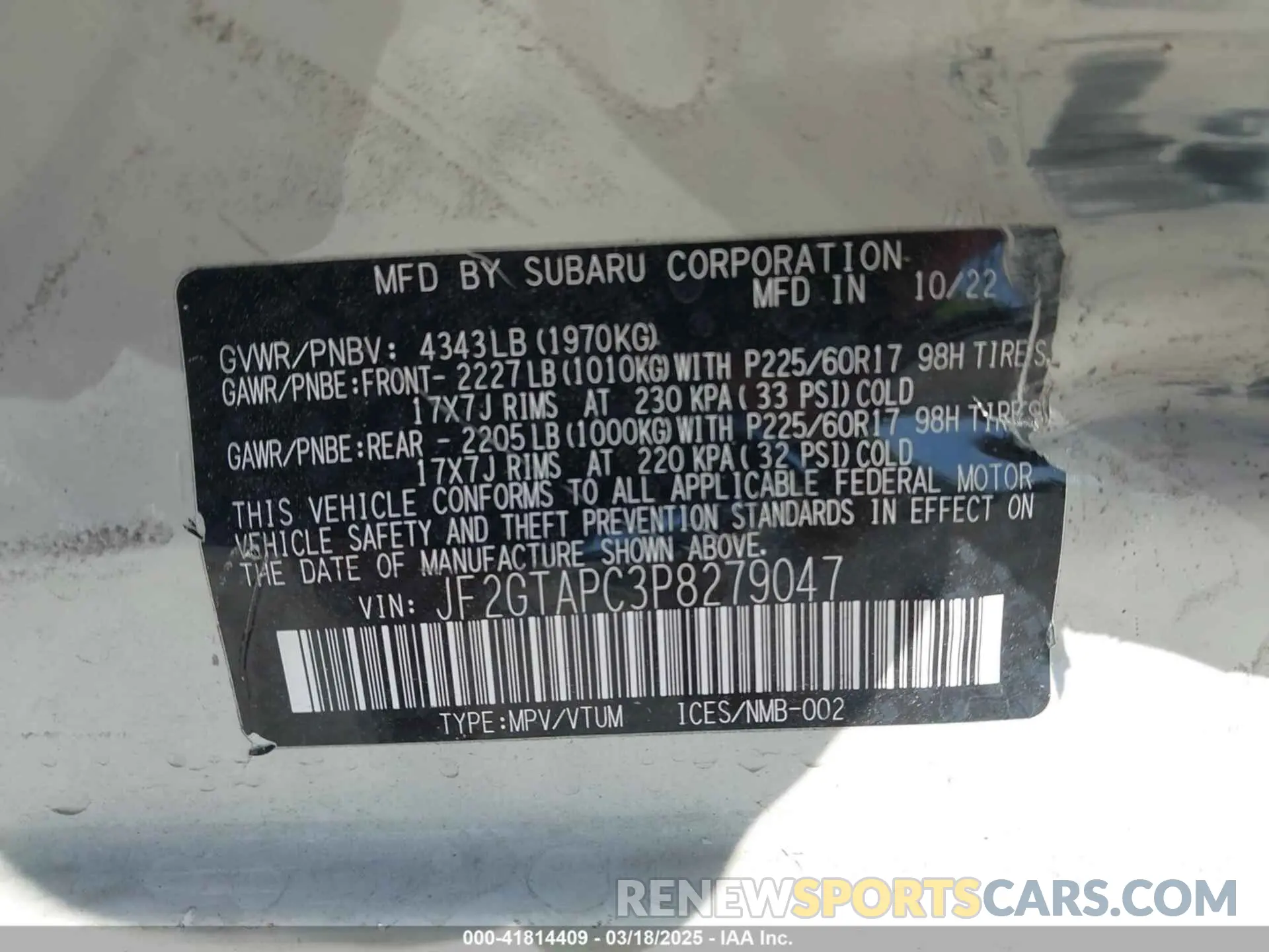 9 Photograph of a damaged car JF2GTAPC3P8279047 SUBARU CROSSTREK 2023