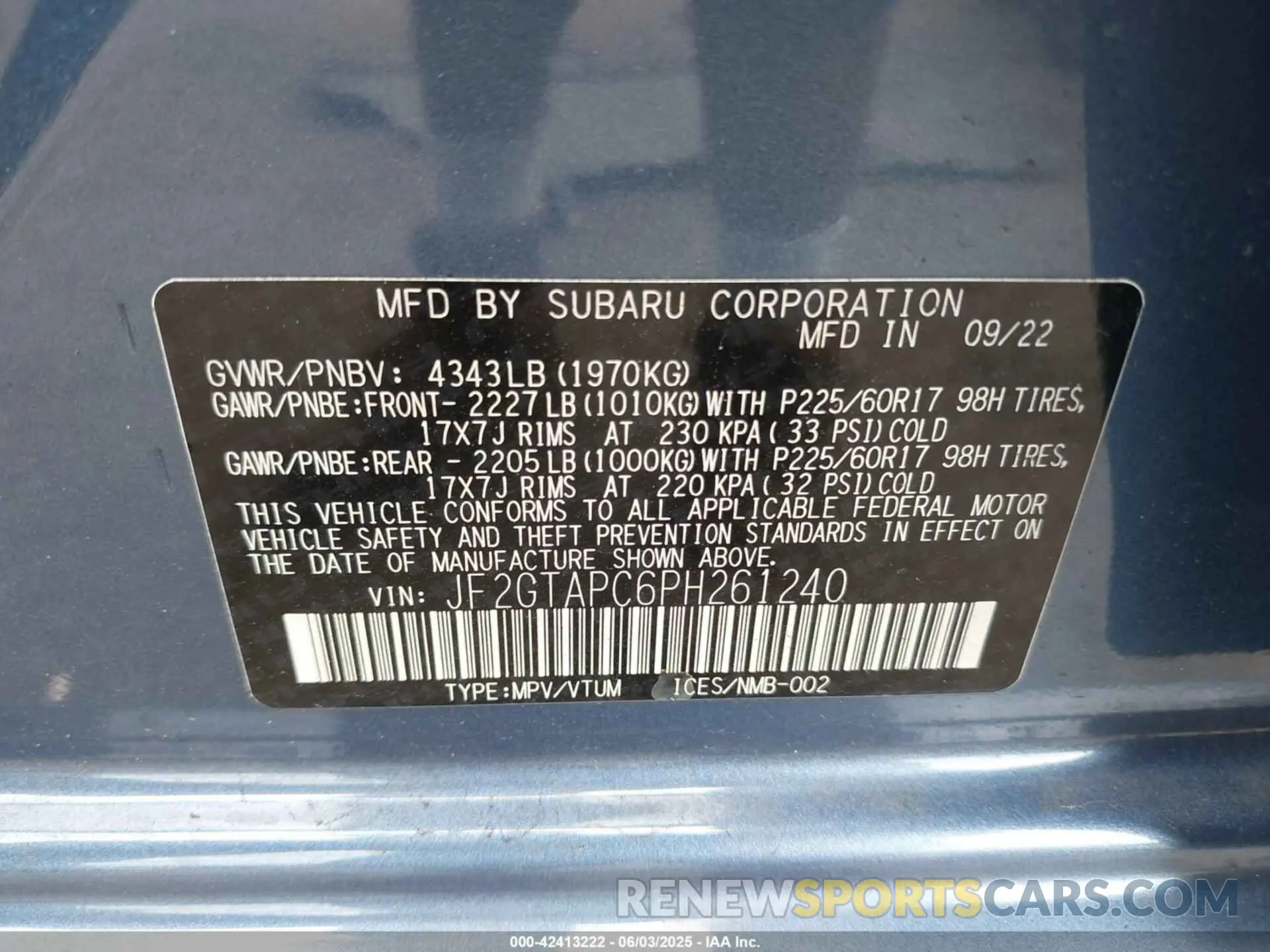 9 Photograph of a damaged car JF2GTAPC6PH261240 SUBARU CROSSTREK 2023