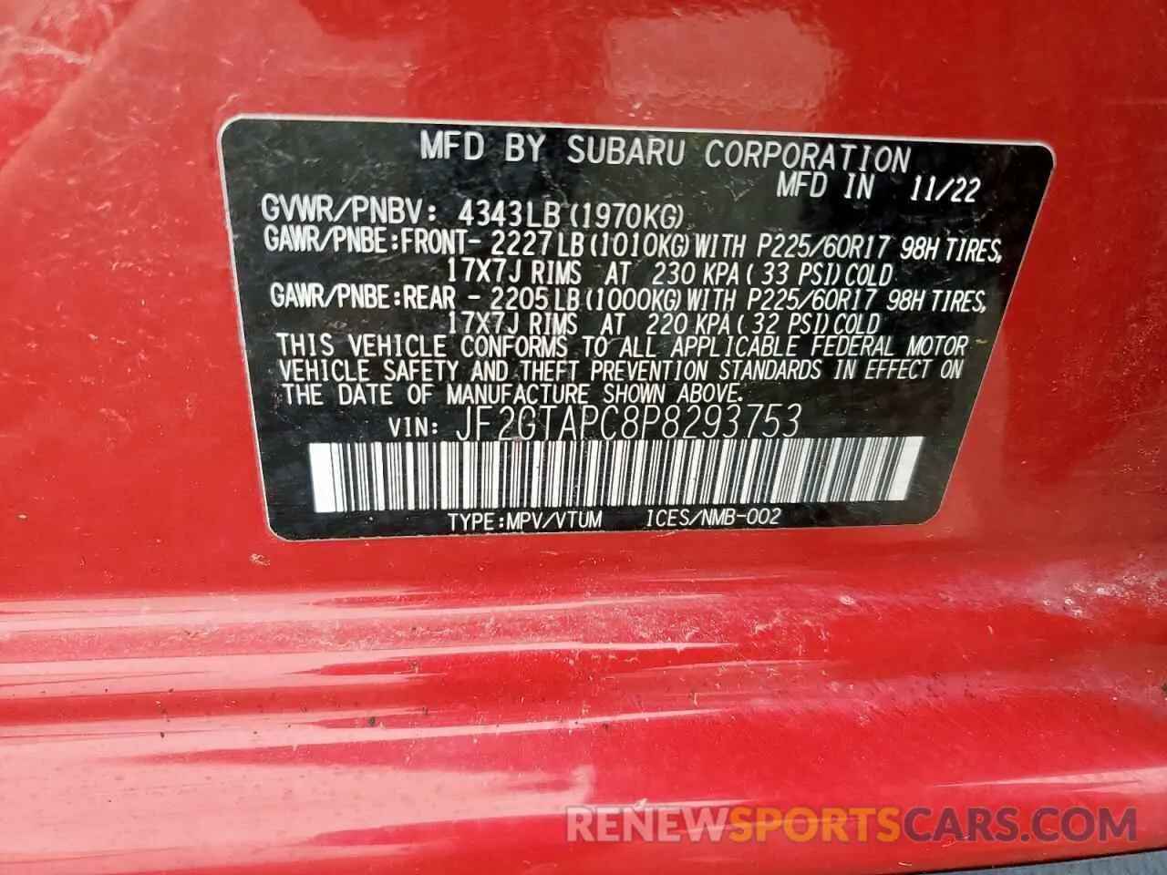 13 Photograph of a damaged car JF2GTAPC8P8293753 SUBARU CROSSTREK 2023