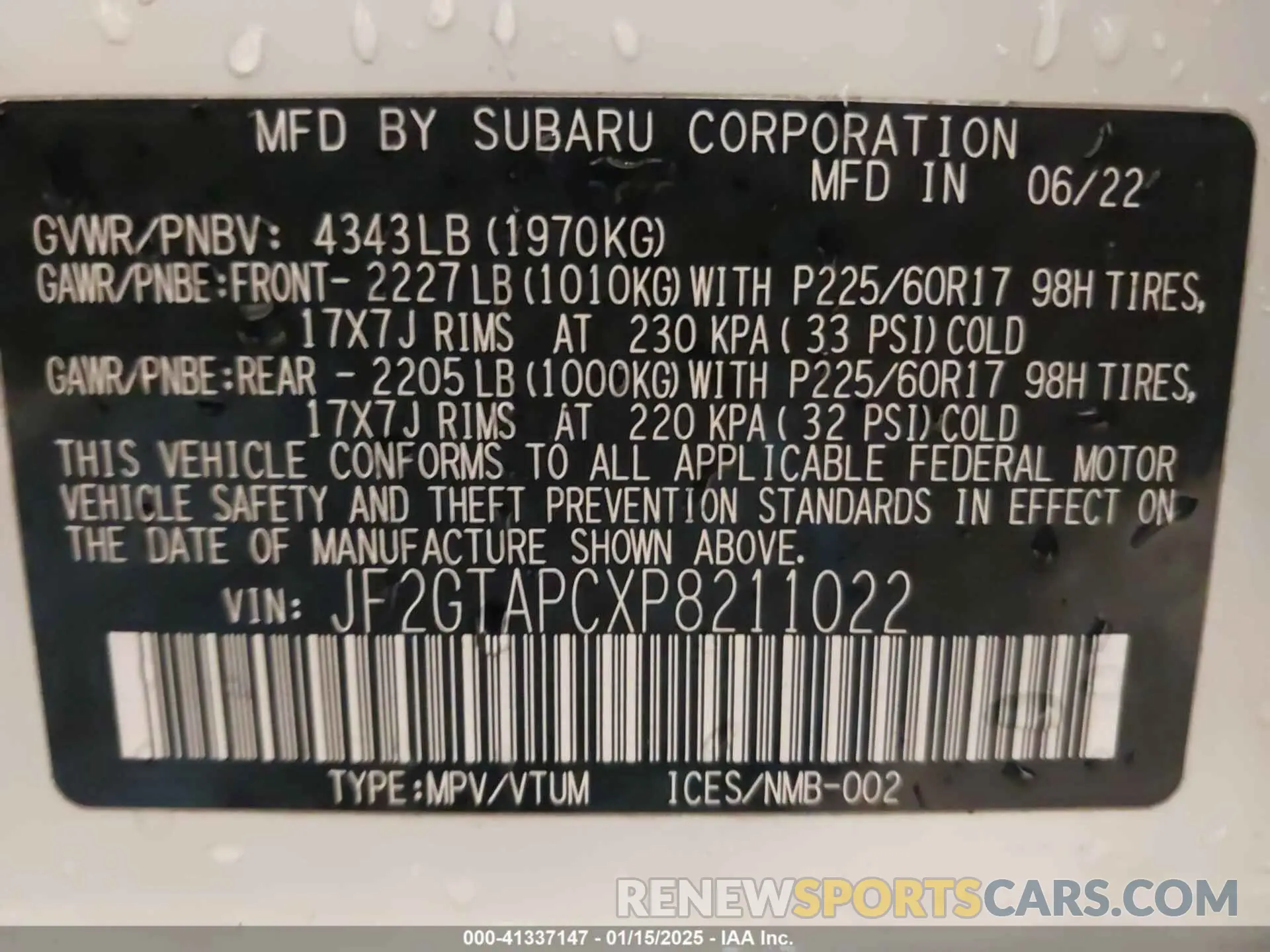 9 Photograph of a damaged car JF2GTAPCXP8211022 SUBARU CROSSTREK 2023