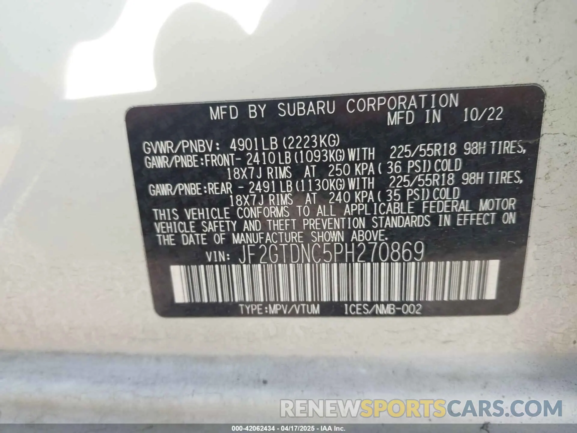 9 Photograph of a damaged car JF2GTDNC5PH270869 SUBARU CROSSTREK 2023