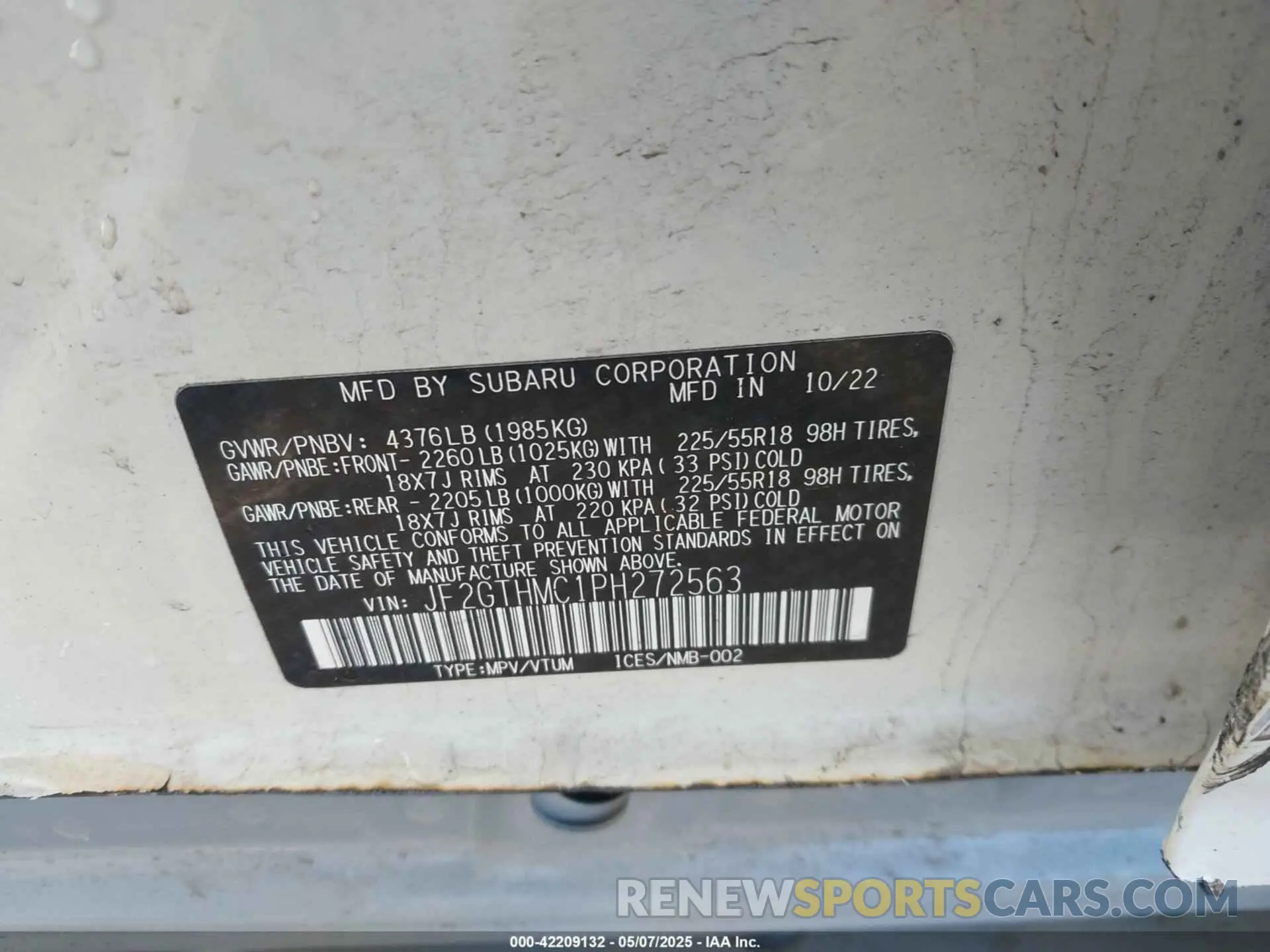 9 Photograph of a damaged car JF2GTHMC1PH272563 SUBARU CROSSTREK 2023
