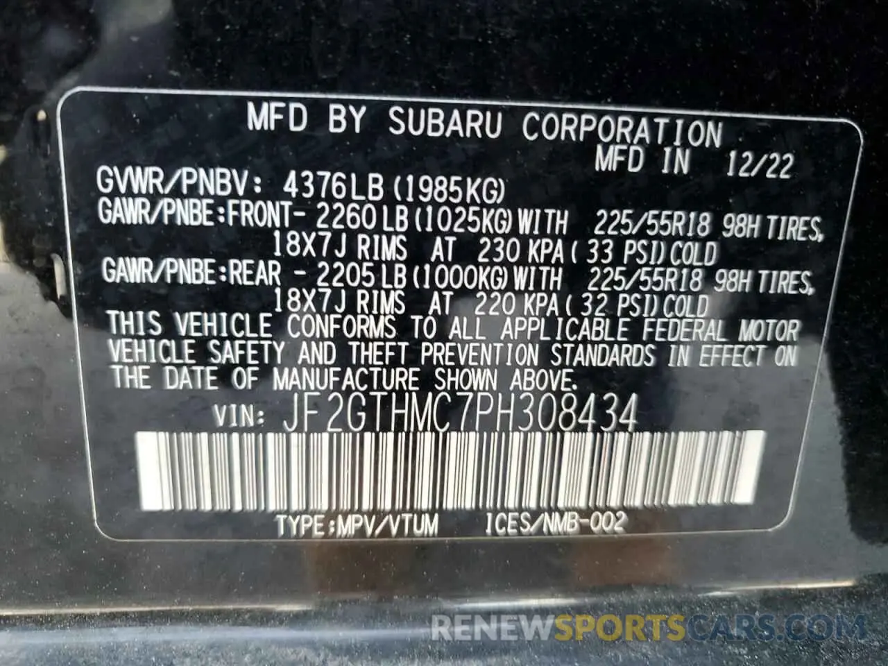 13 Photograph of a damaged car JF2GTHMC7PH308434 SUBARU CROSSTREK 2023